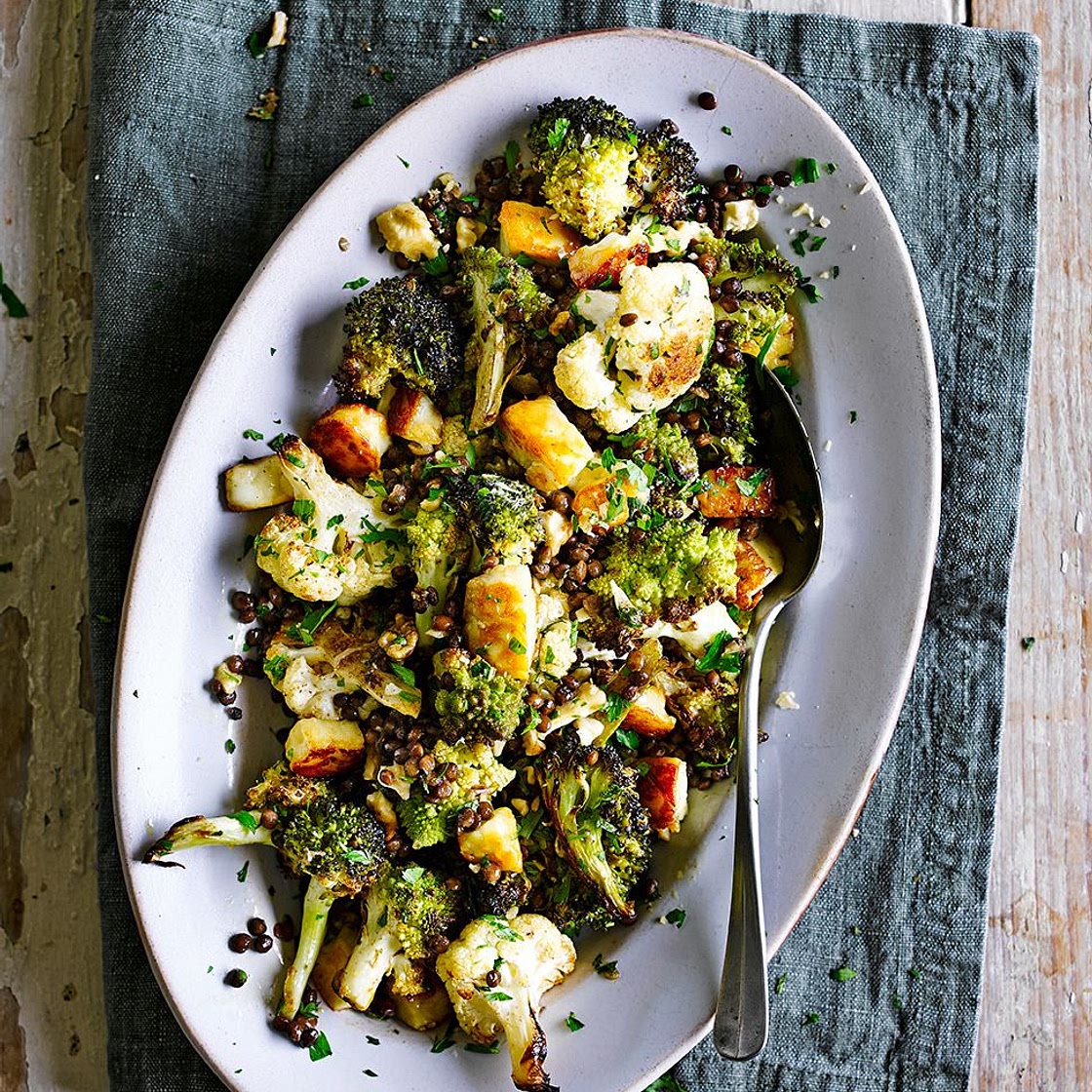 Roasted brassicas with puy lentils & halloumi