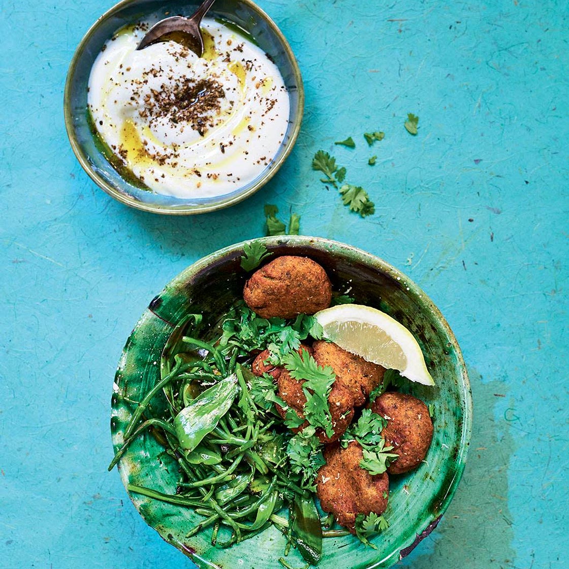 Crab Falafel with Labneh and Sea Vegetable Salad