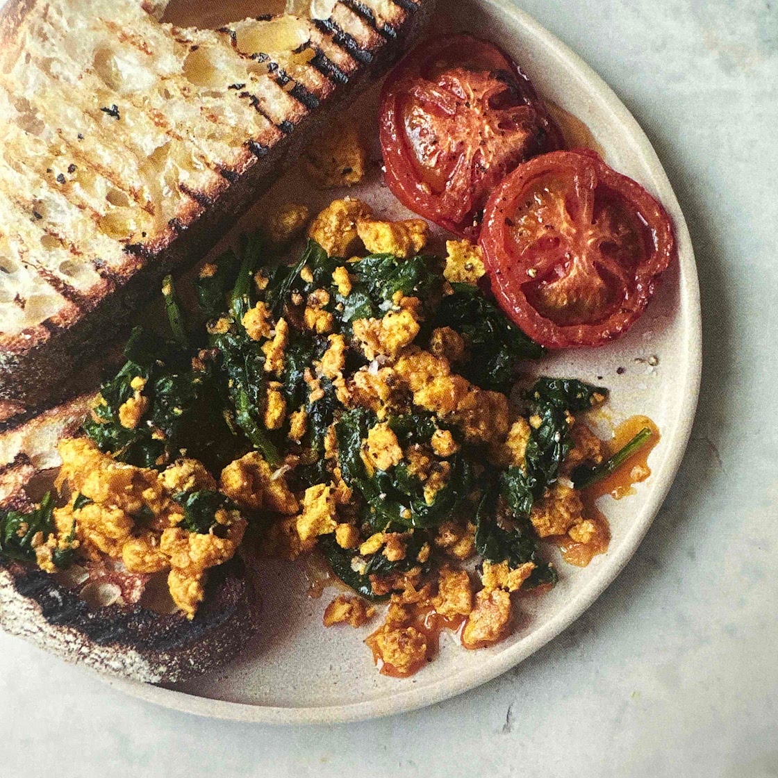 Linda’s Tofu Scramble with Baked Tomatoes & Wilted Spinach 