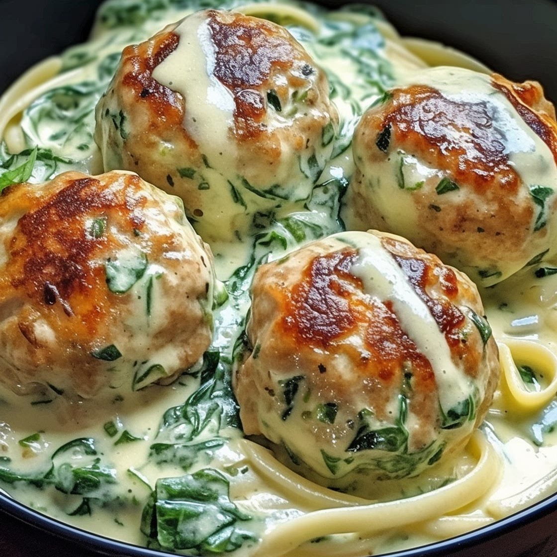 Chicken Ricotta Meatballs with Spinach Alfredo Sauce