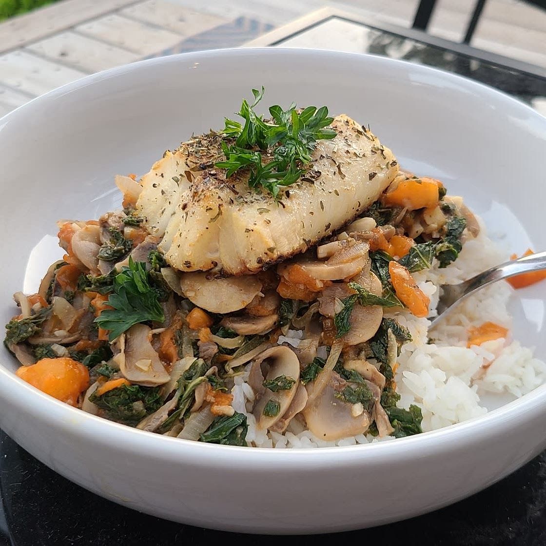 Herby Fish with Wilted Greens & Mushrooms