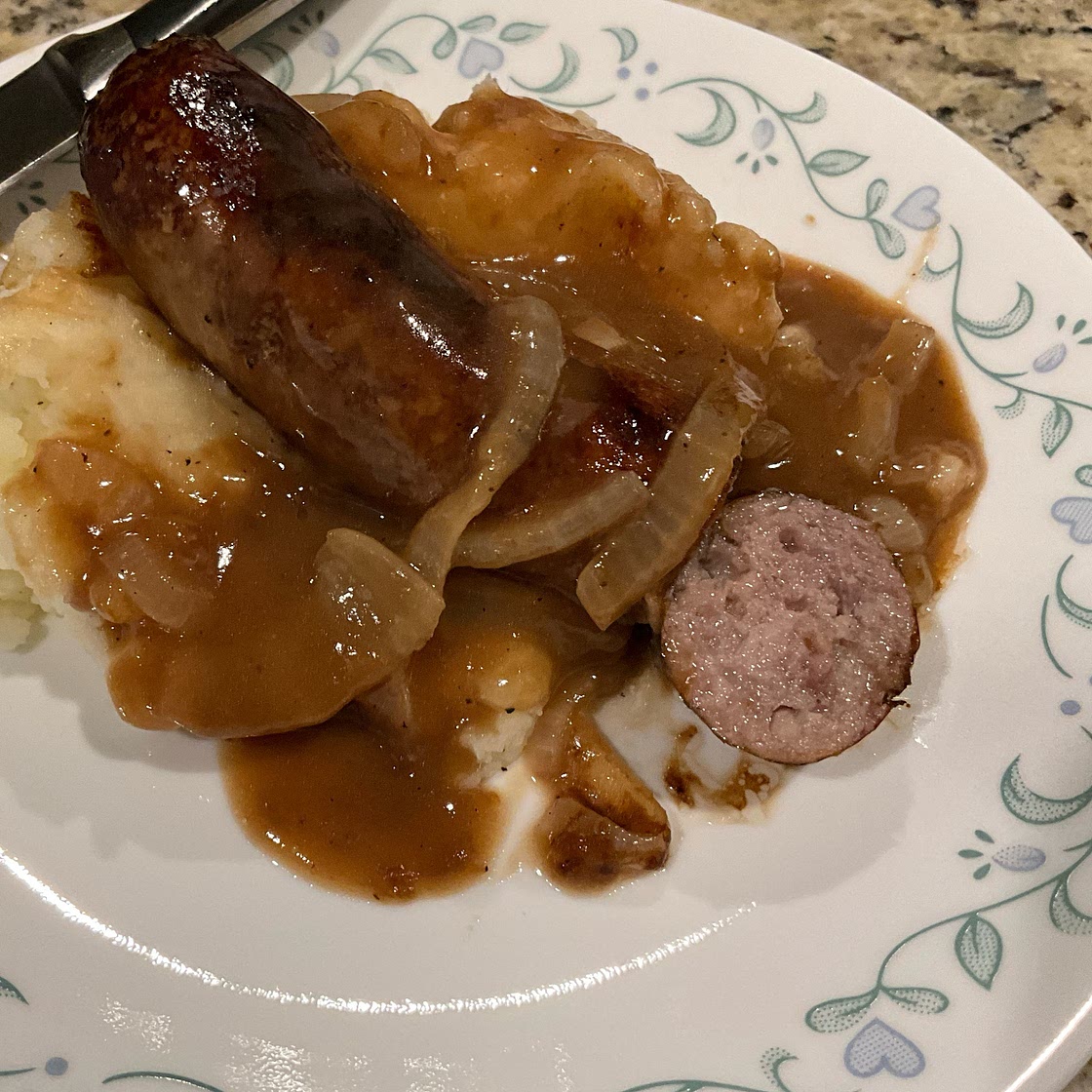 Bangers and Mash with Stout Onion Gravy