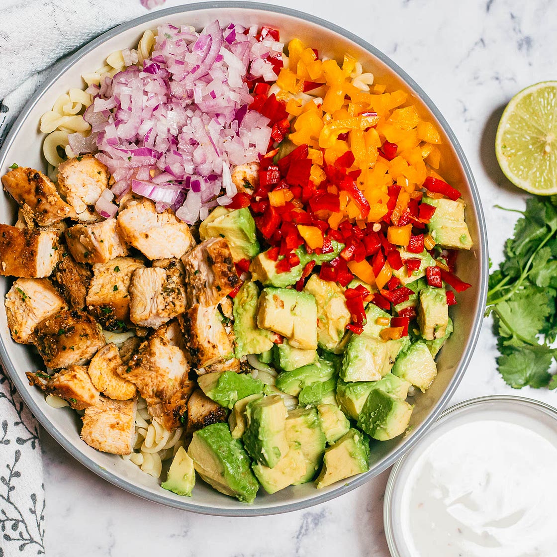 Healthy Chicken Avocado Pasta Salad with Yogurt Lime Dressing