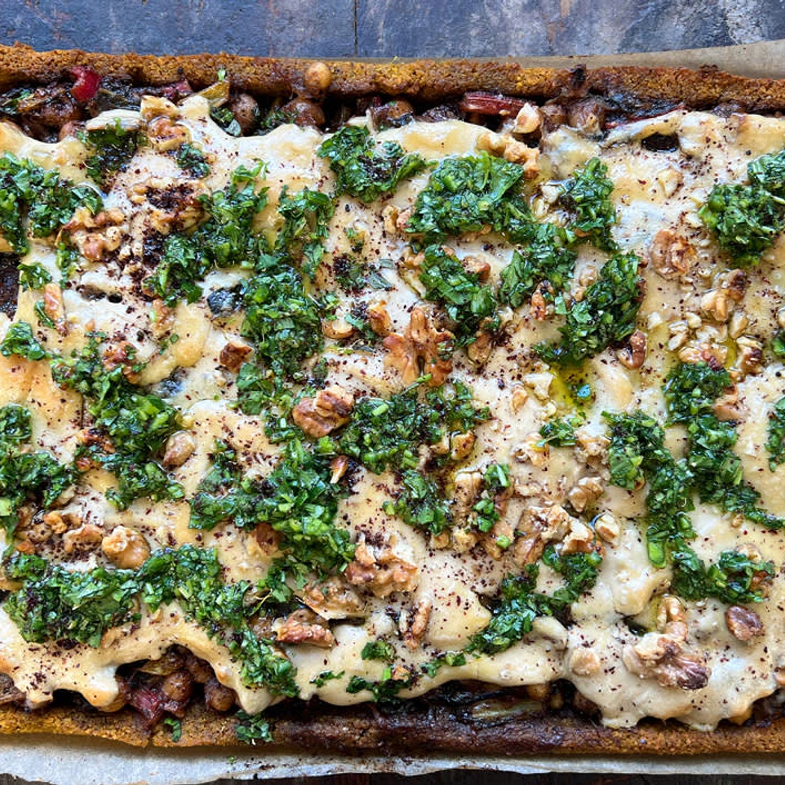 Open-faced pumpkin kibbeh with lemony swiss chard
