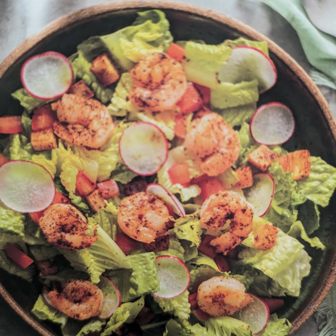 Romaine salad with chipotle-roasted shrimp and potato