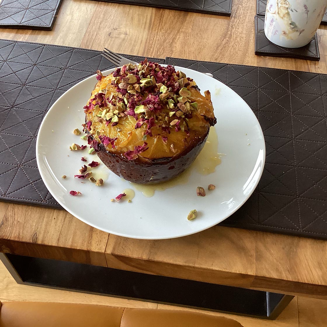 Sticky orange and semolina pudding with rose custard
