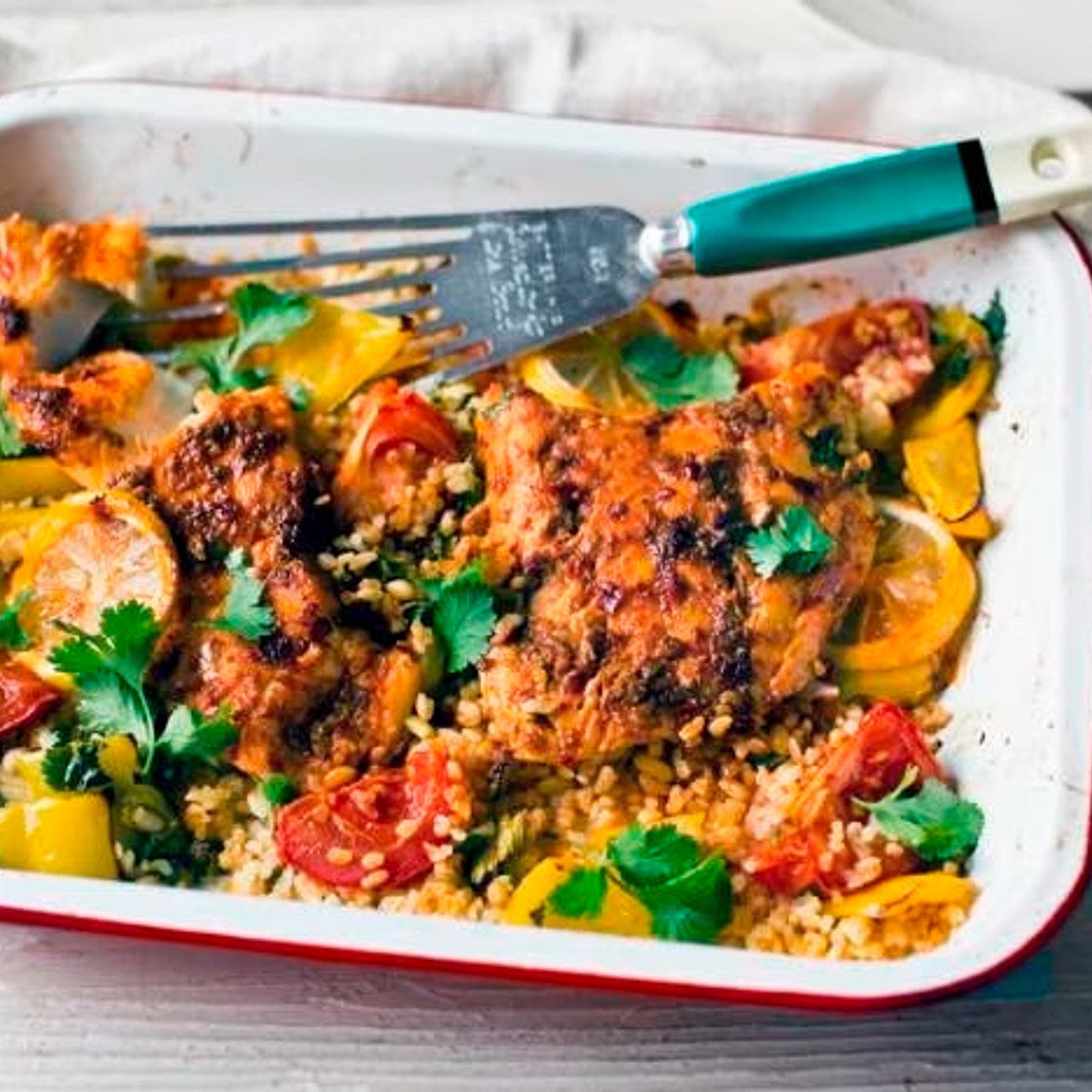 Harissa baked fish with bulgur wheat