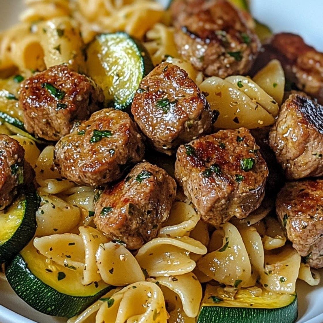 Beef Bites with Zucchini and Pasta