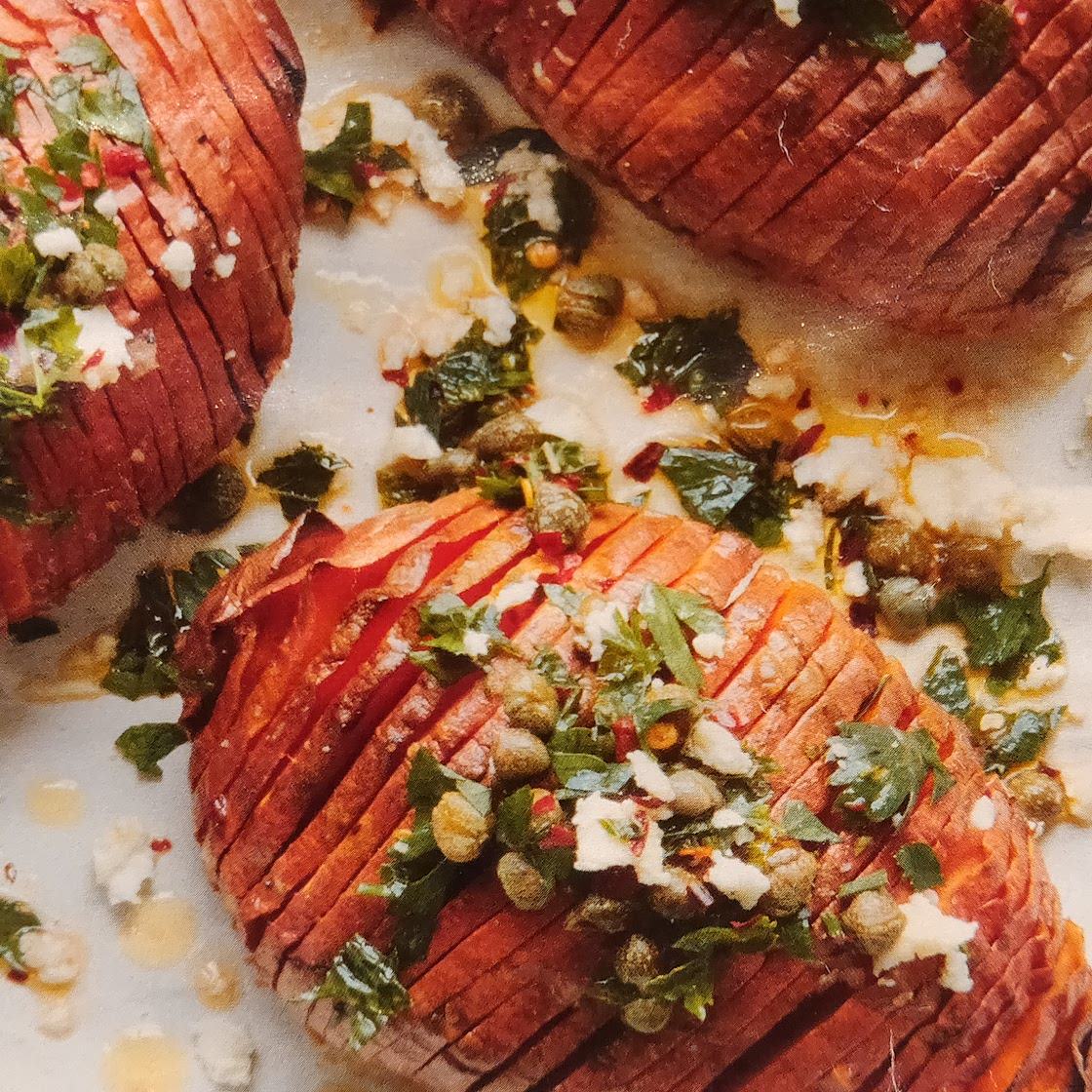 Hasselback sweet potatoes with caper salsa & feta