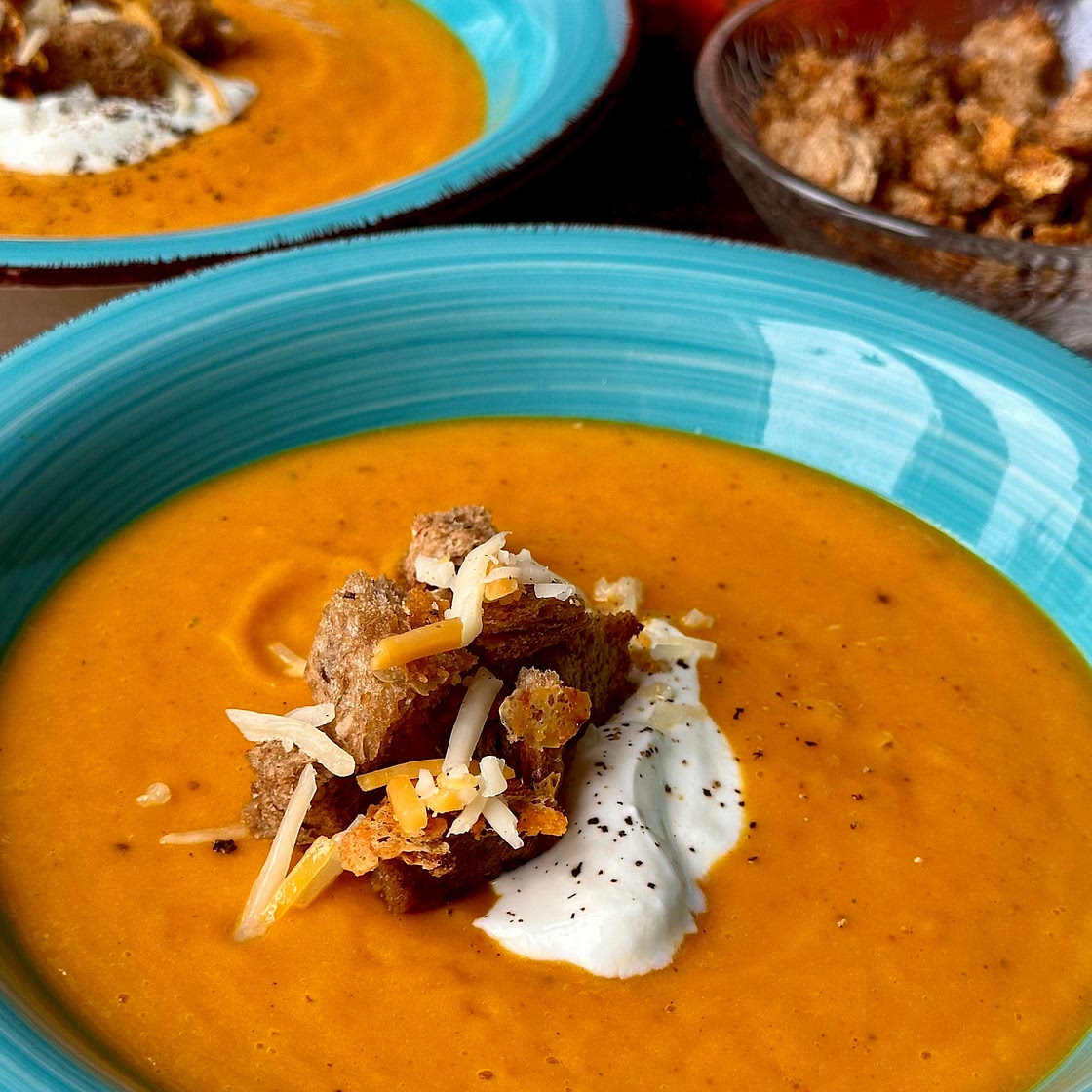 Creamy Pumpkin Soup with Wholegrain Cheddar Cheese Croutons