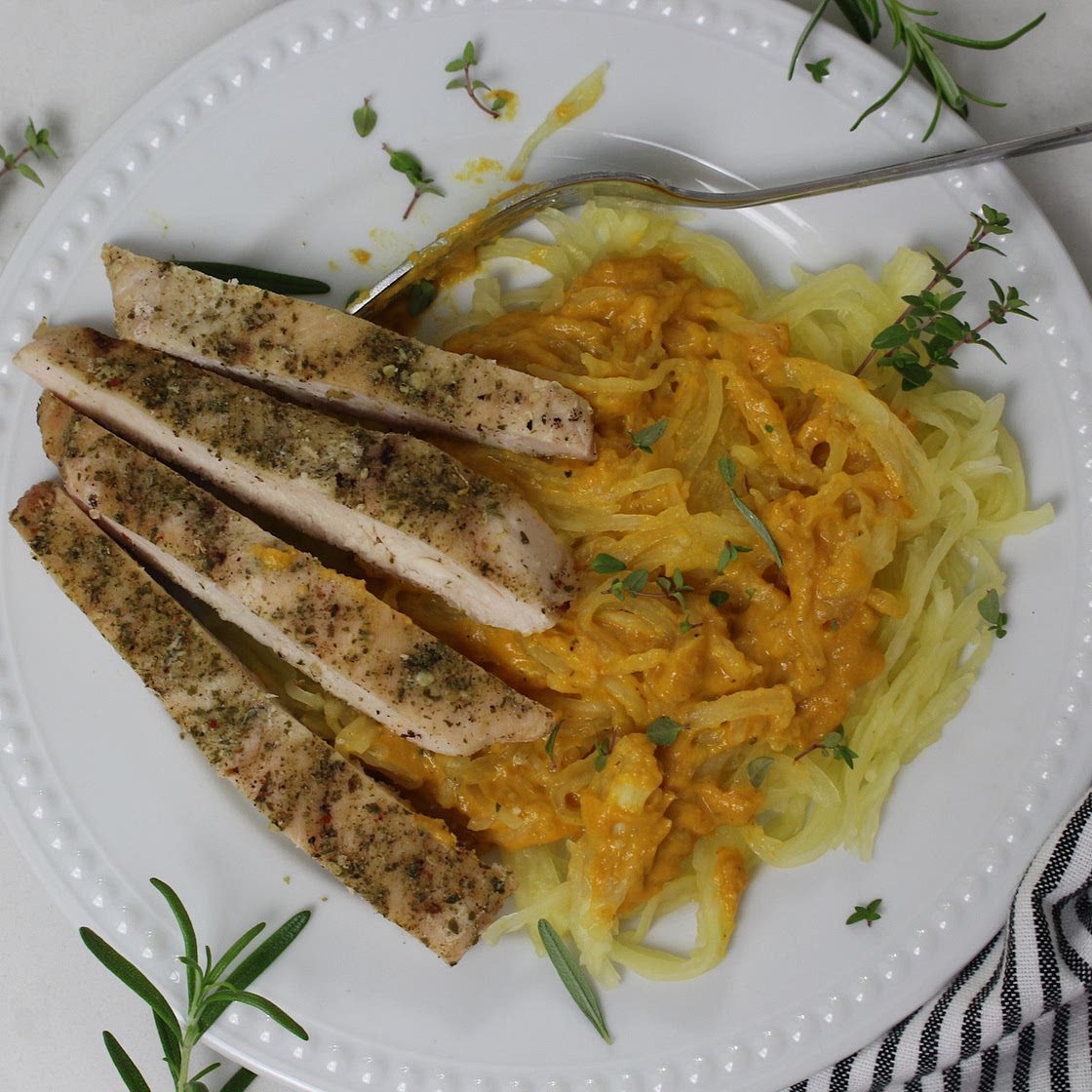 Creamy Pumpkin Alfredo Sauce on Spaghetti Squash Noodles