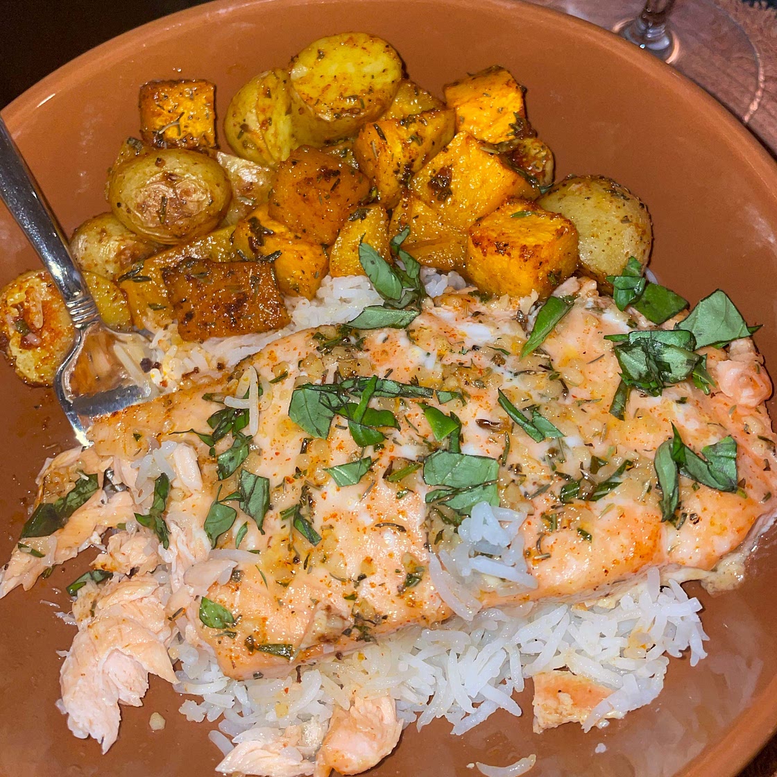Maple Butter Salmon with Potatoes and Squash