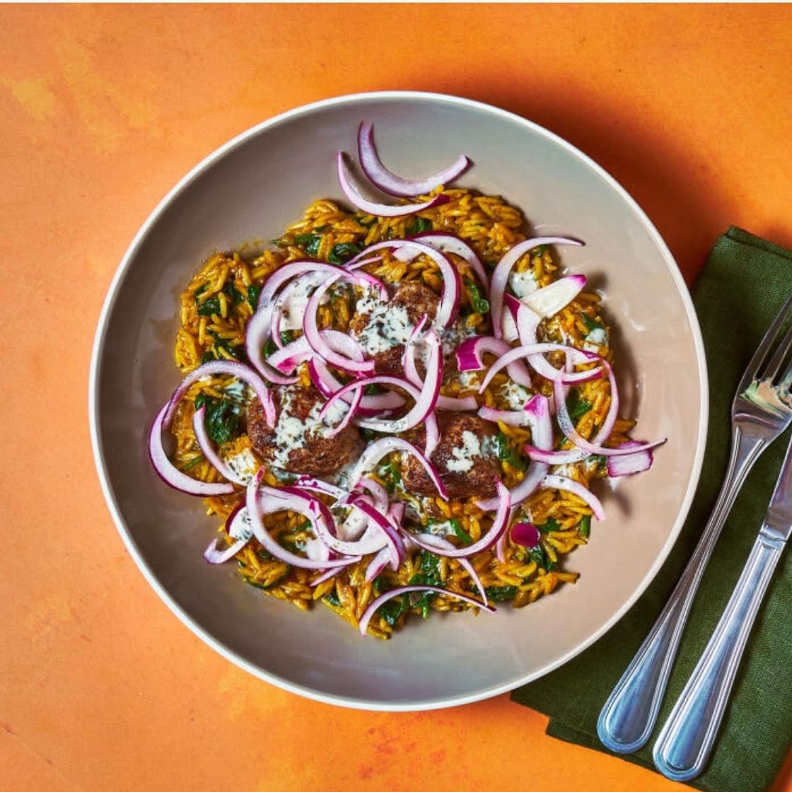 Gousto Lamb Meatball Biryani With Minty Mayo & Pickled Onions