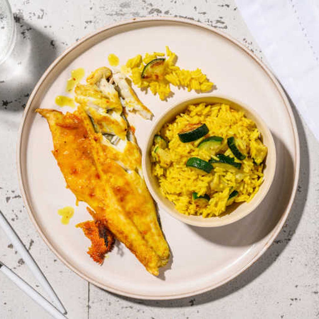 Mango Chutney Glazed Sea Bass With Tikka Spiced Rice & Courgette
