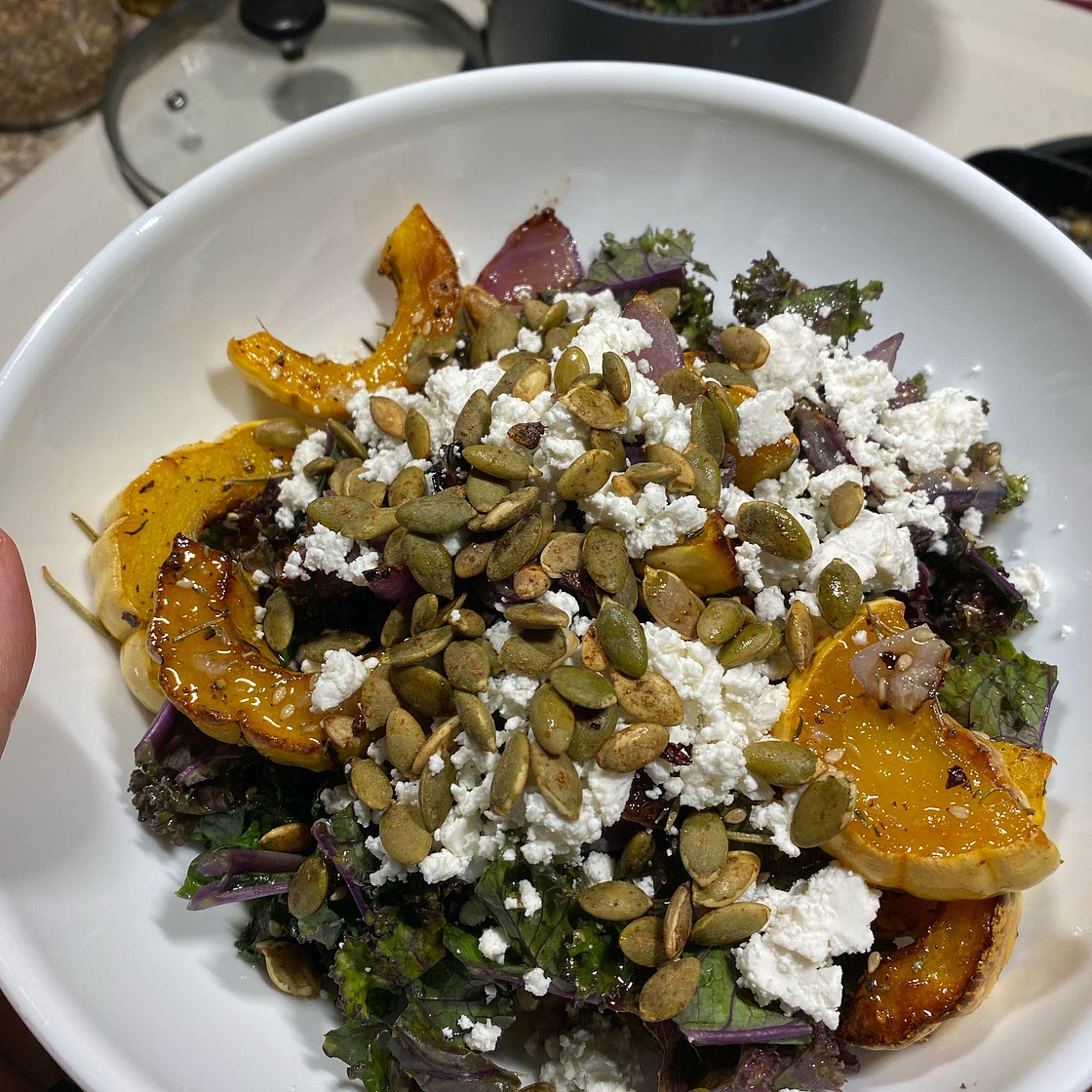 Butternut Squash Salad with Farro, Kale, and Creamy Goat Cheese