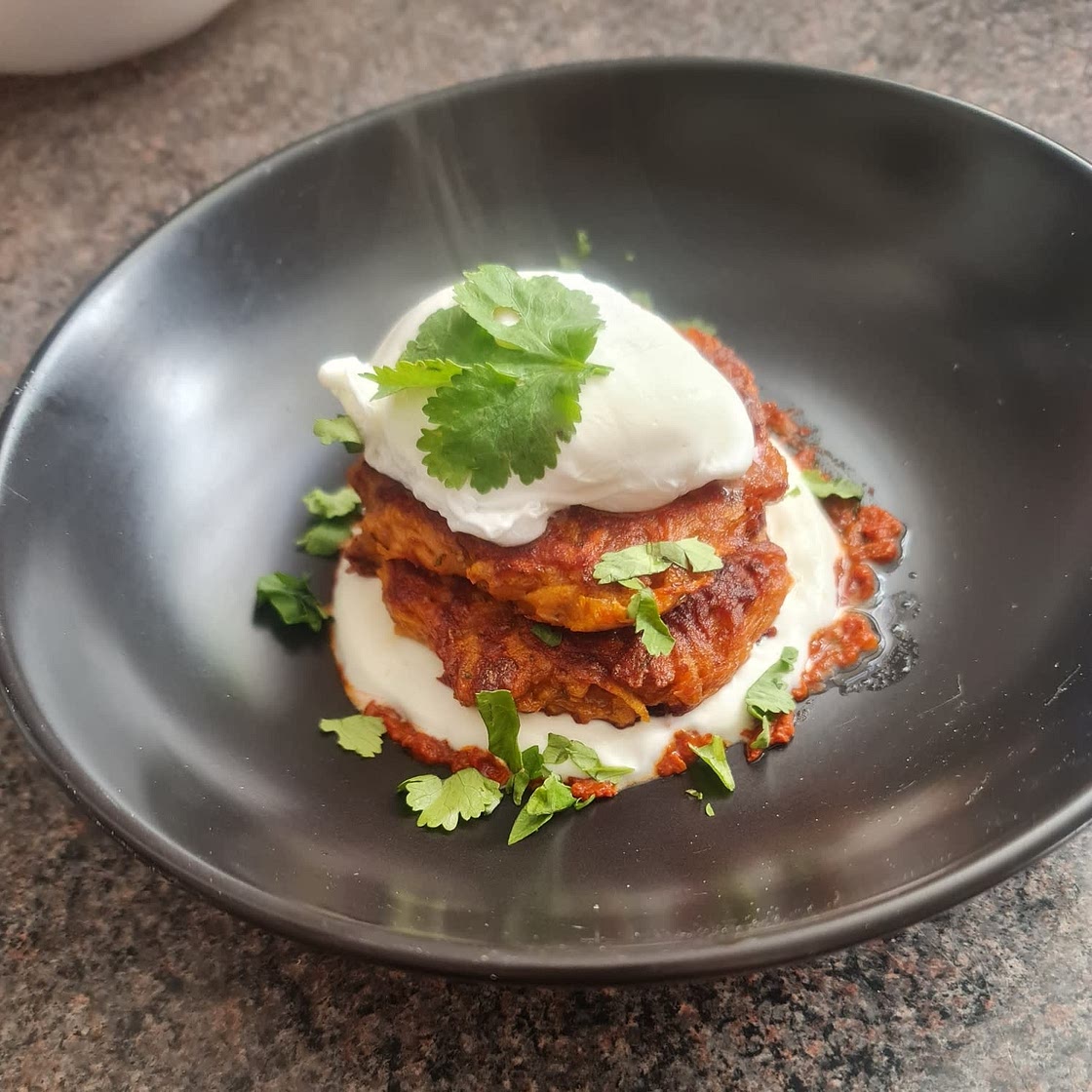 Sweet potato cakes with poached eggs