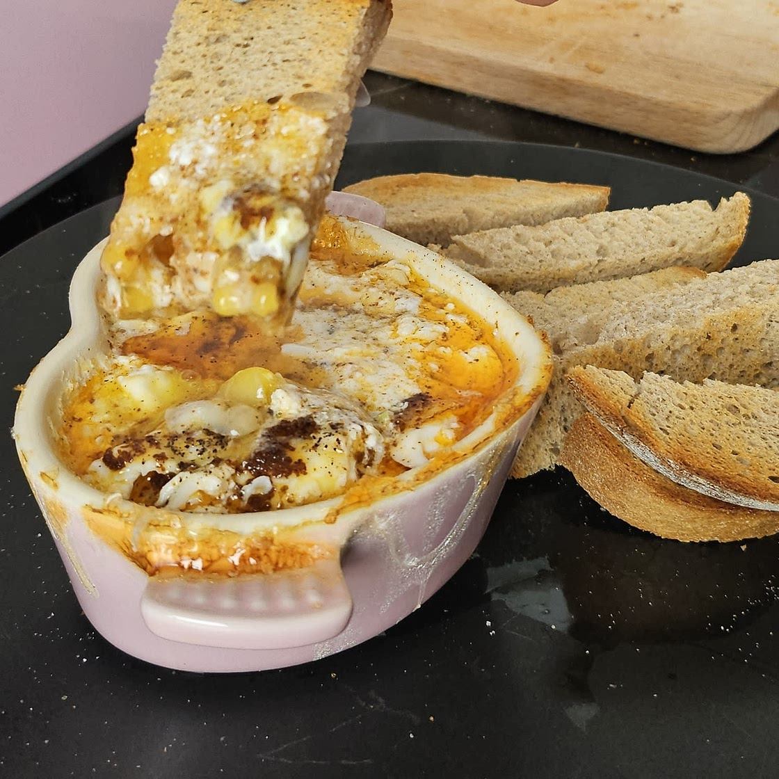 Çılbır-Inspired Eggs En Cocotte — baked, custardy eggs