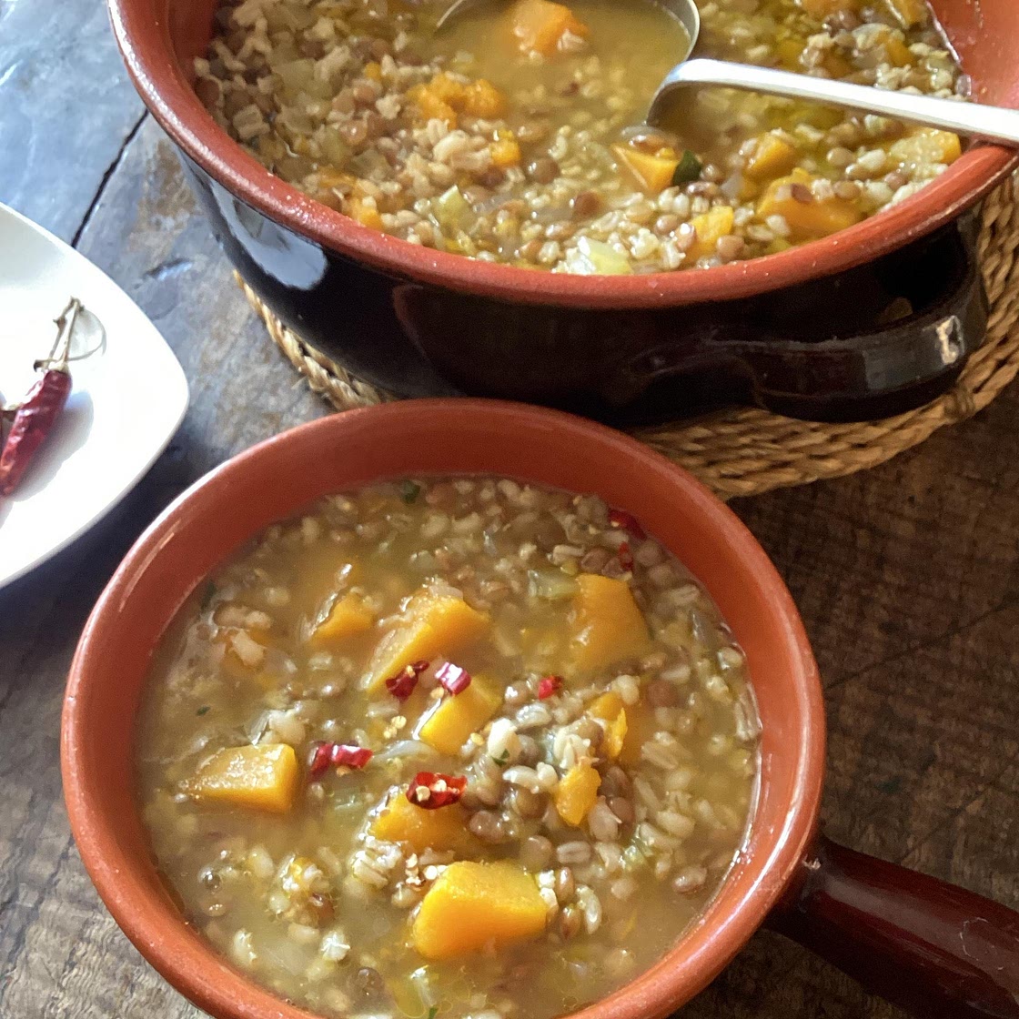 Pumpkin, lentil and barley soup