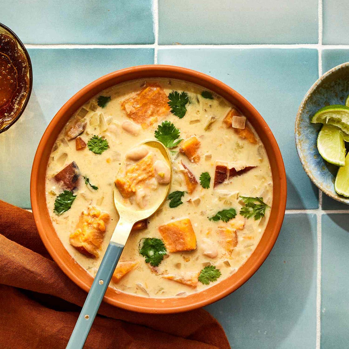 A Bowl of Creamy White Chili with Sweet Potatoes & Beans Will Warm You from the Inside Out