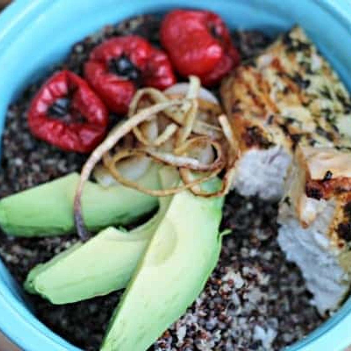 Red & White Quinoa Bowl with Swordfish and Avocado