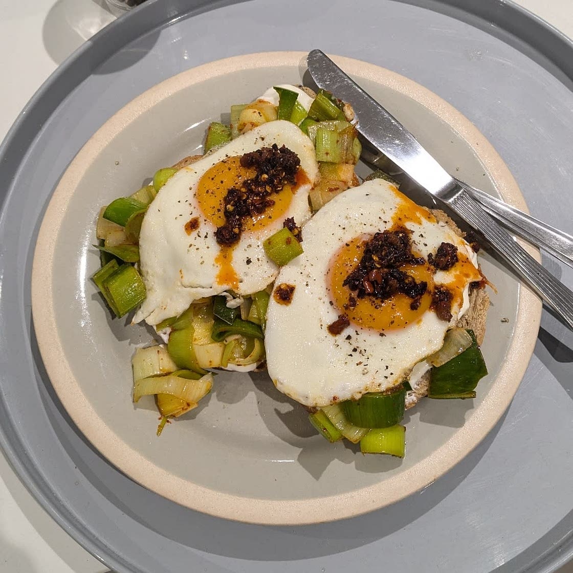 Chilli & garlic leeks with eggs on toast