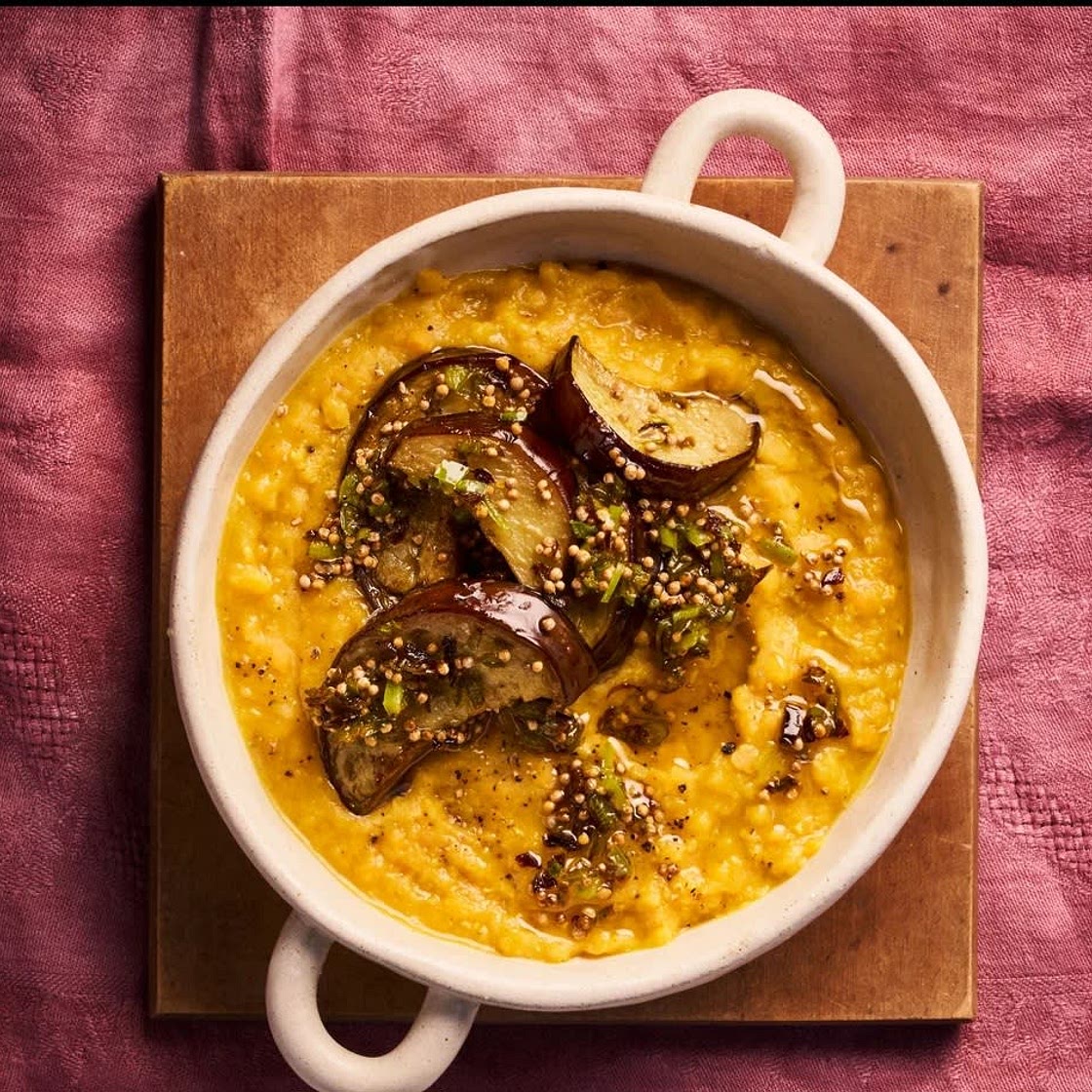 Sour & spicy lentils with fried eggplant
