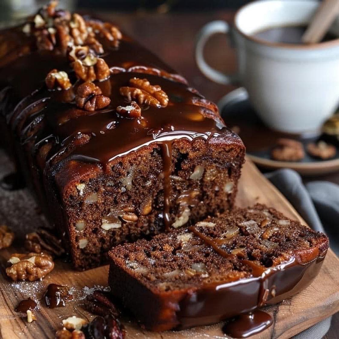 Date Coffee Loaf Cake with Walnuts and Rich Espresso Glaze