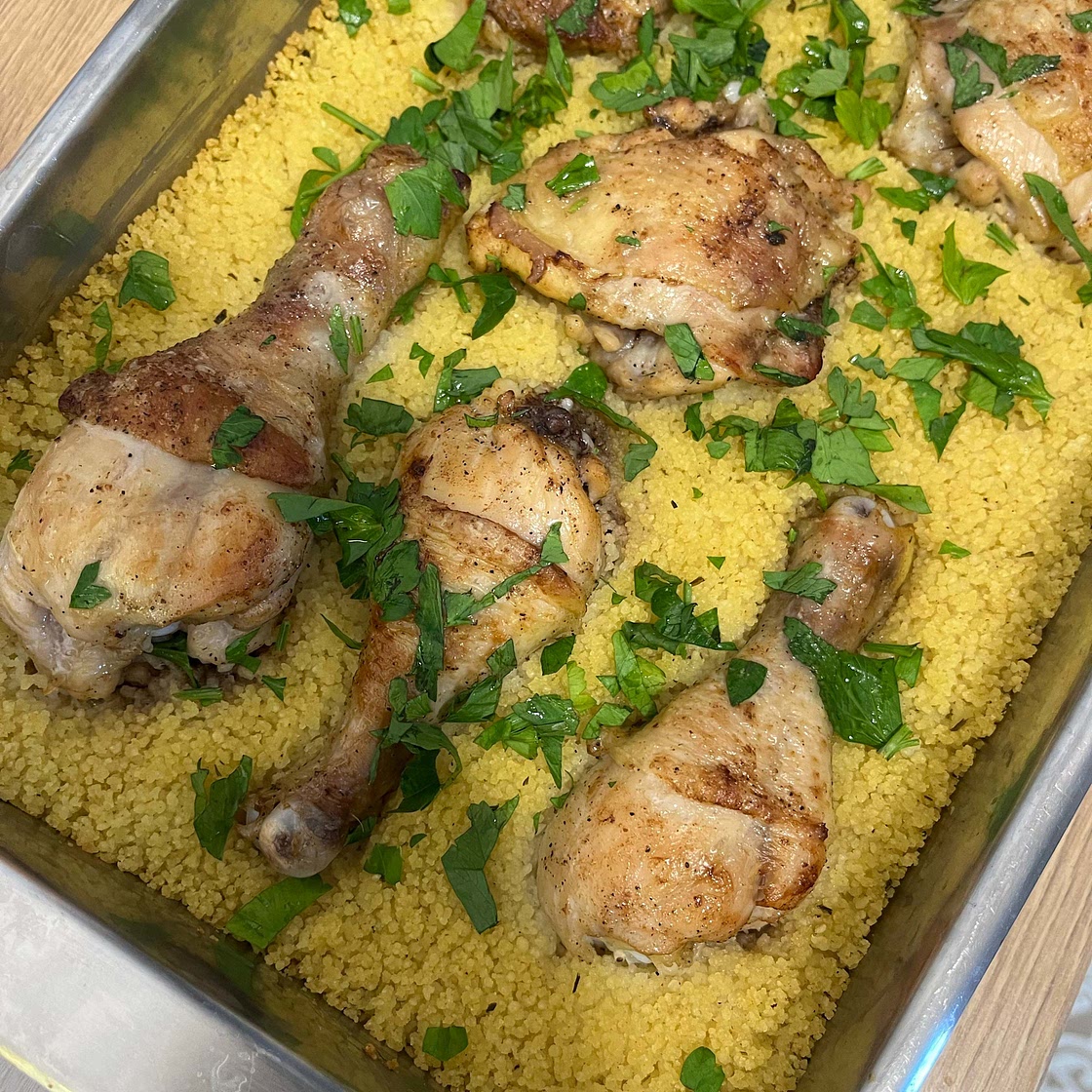 One Pan Crispy Chicken Thighs with Lemon Couscous