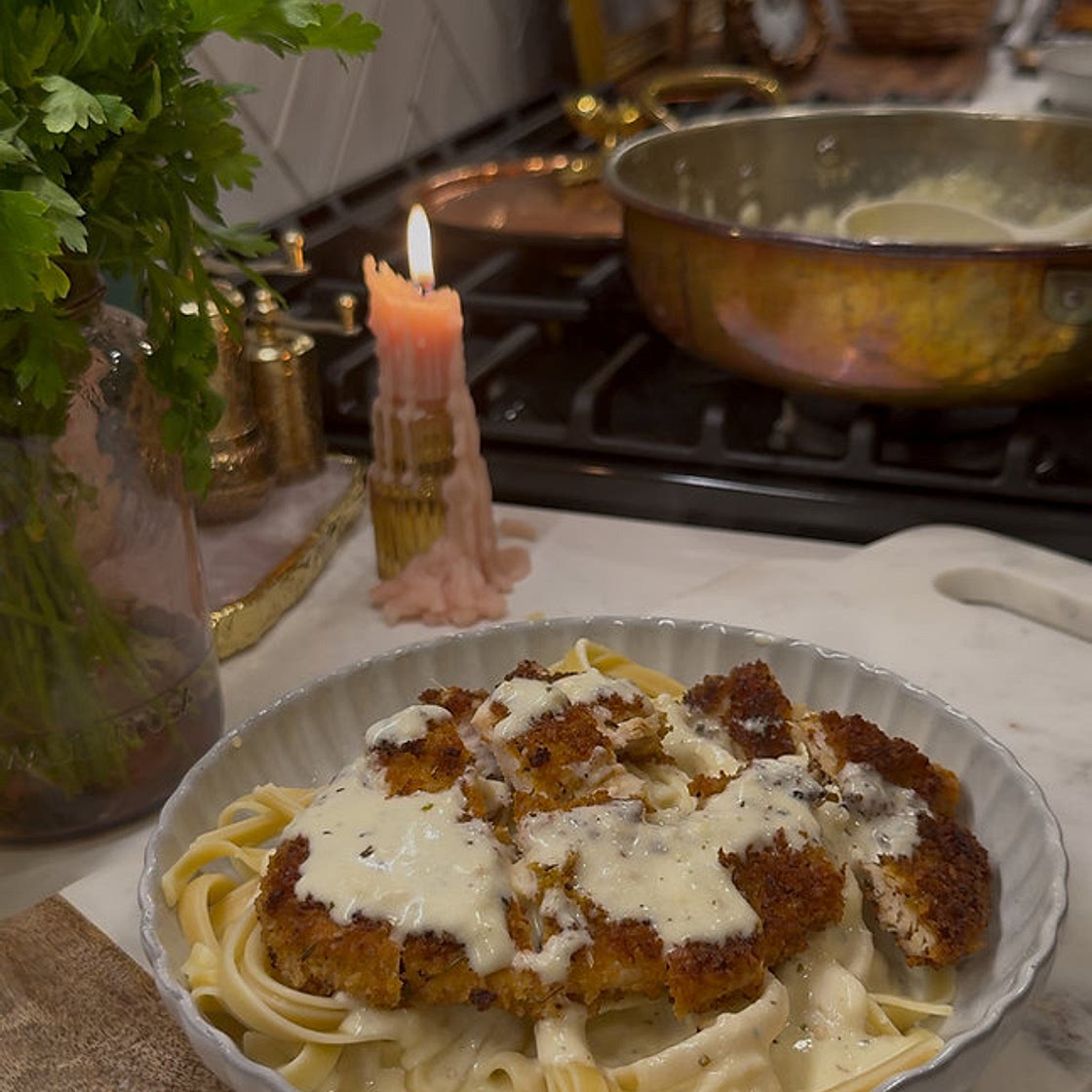 Crispy Chicken Alfredo Fettuccini