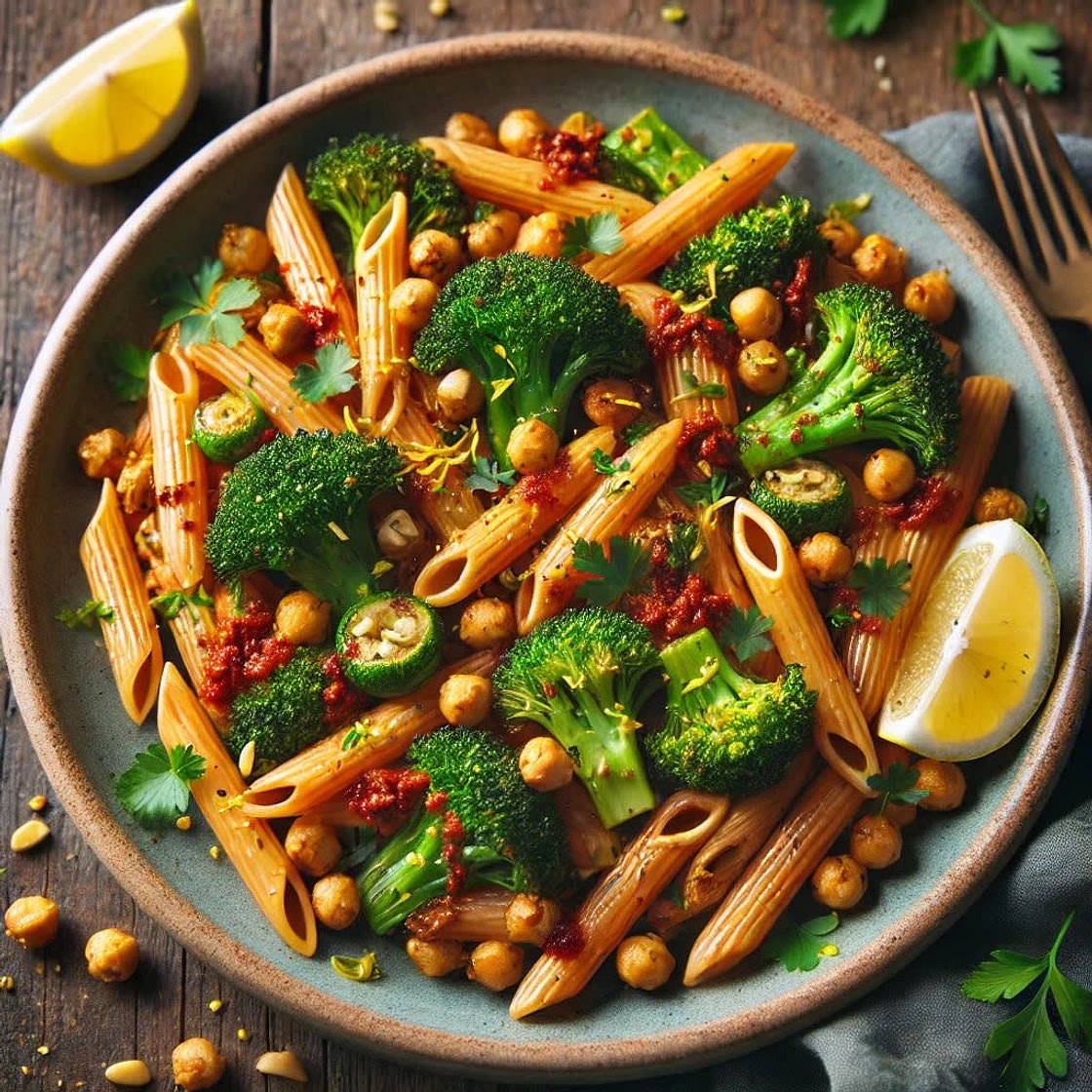 Charred Broccoli, Chickpea, and Harissa Pasta