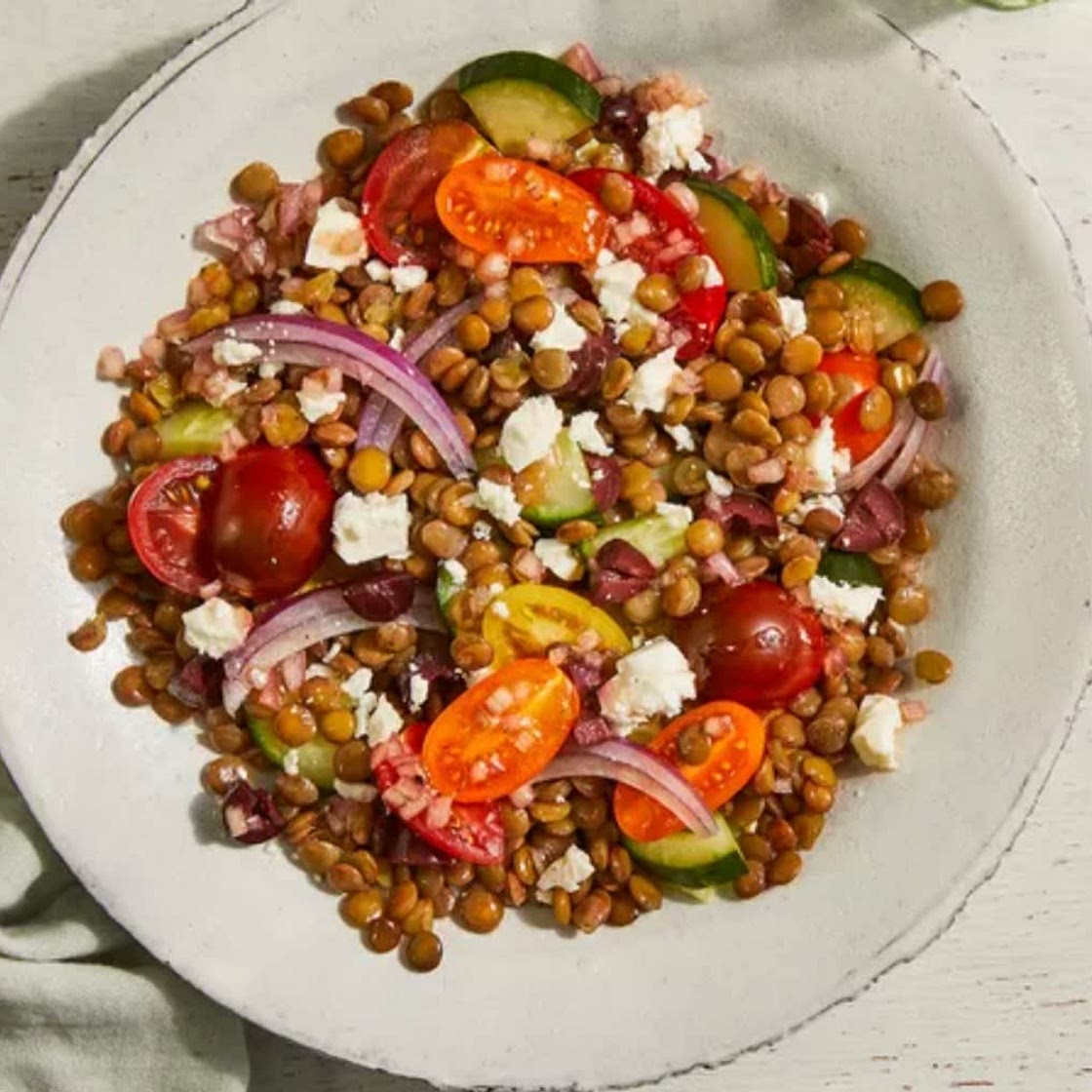 Lentil Salad with Feta, Tomatoes, Cucumbers & Olives