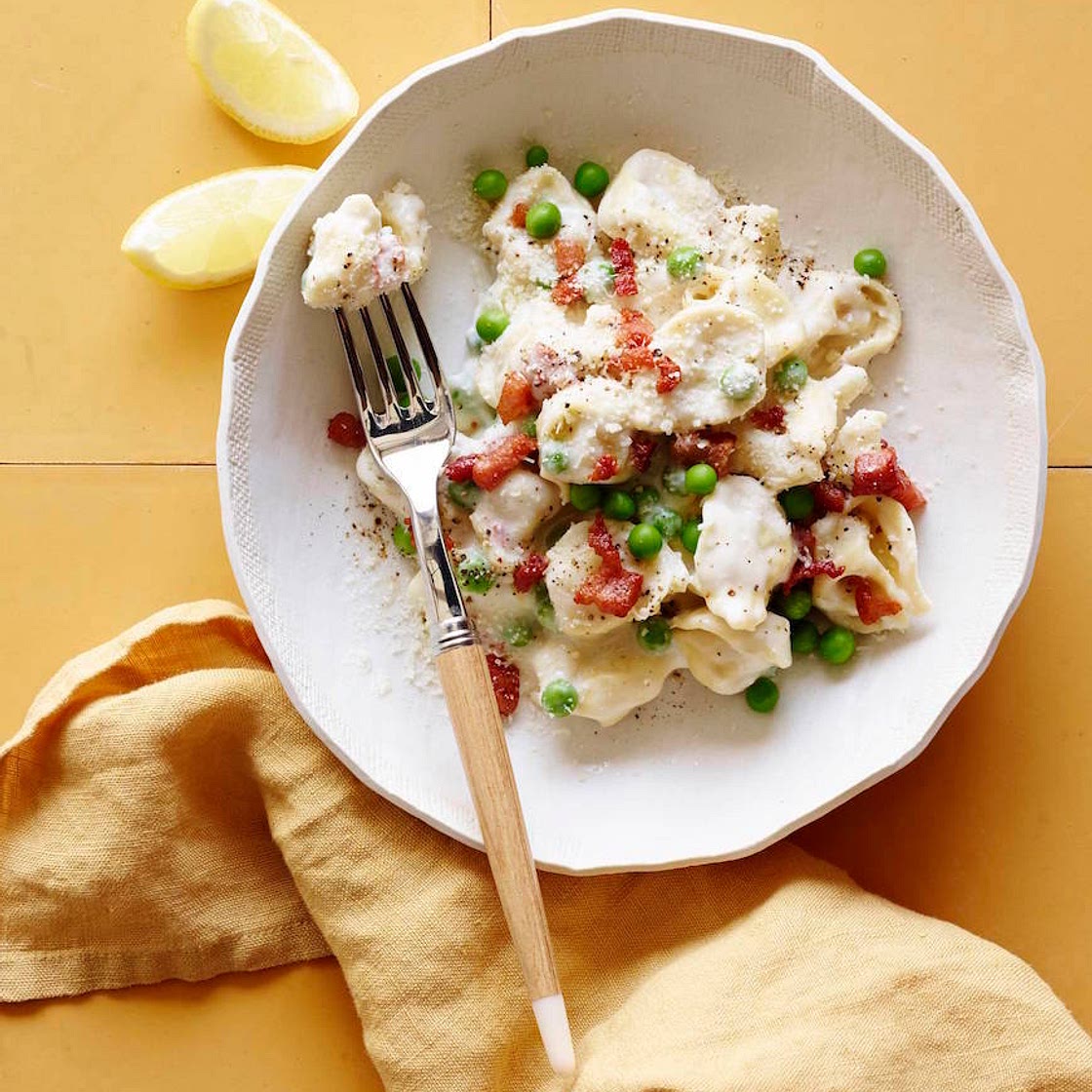 One-Pan Creamy Tortellini with Pancetta & Peas