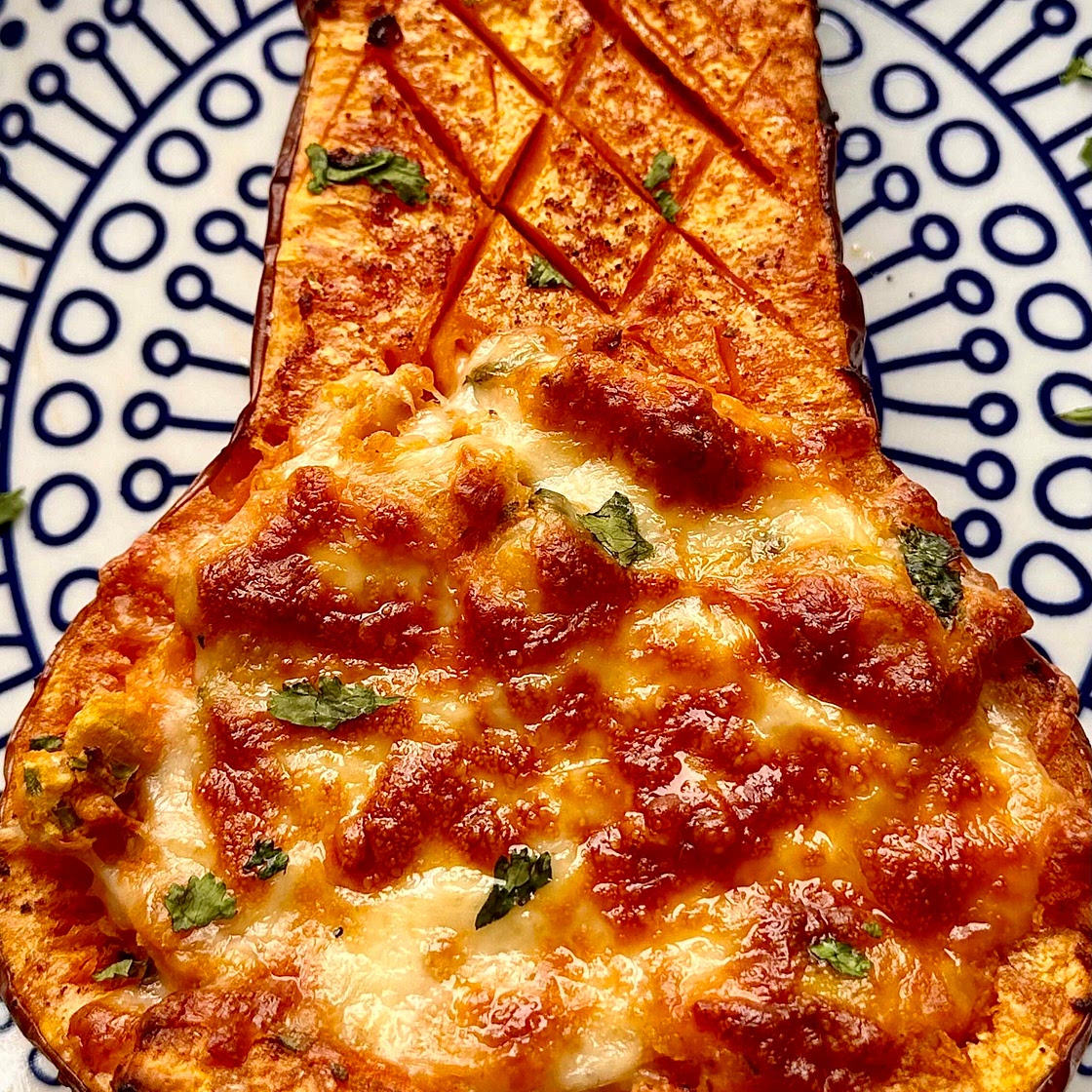 Roasted Harissa Butternut with Cheesy Chickpea Stuffing