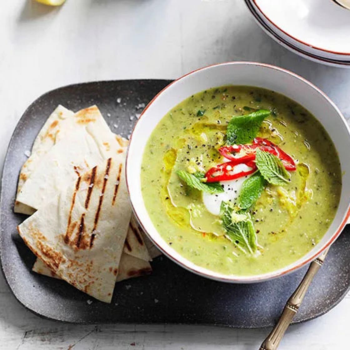 Zucchini, mint and chilli soup with grilled flatbread