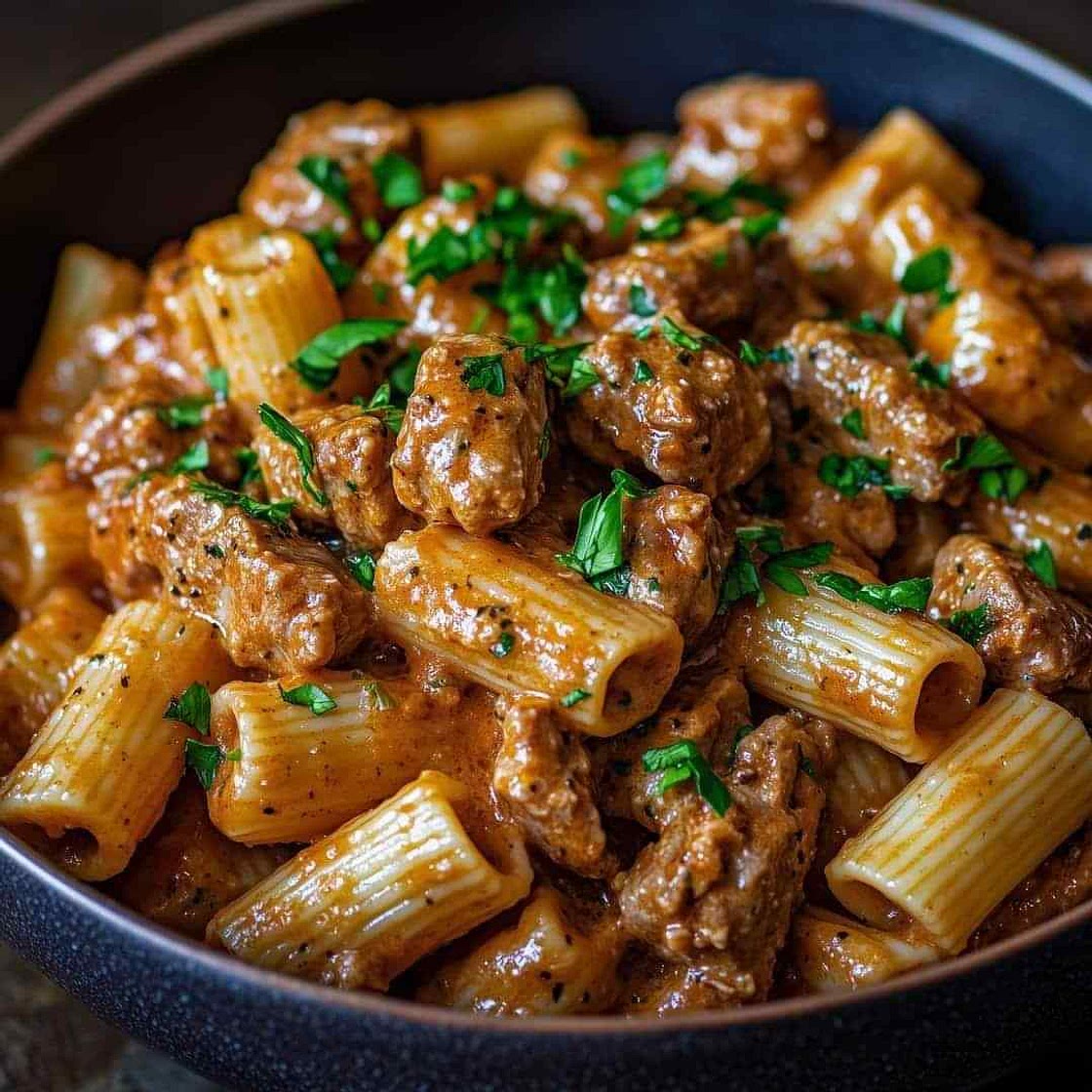 Creamy Parmesan Beef with Rigatoni Pasta