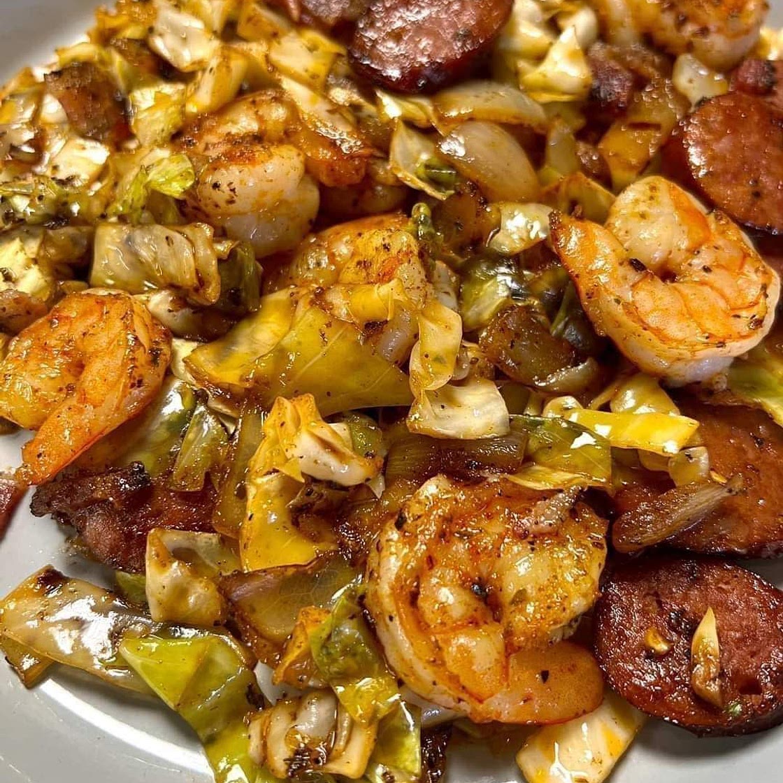 FRIED CABBAGE WITH SHRIMP, SAUSAGE & BACON