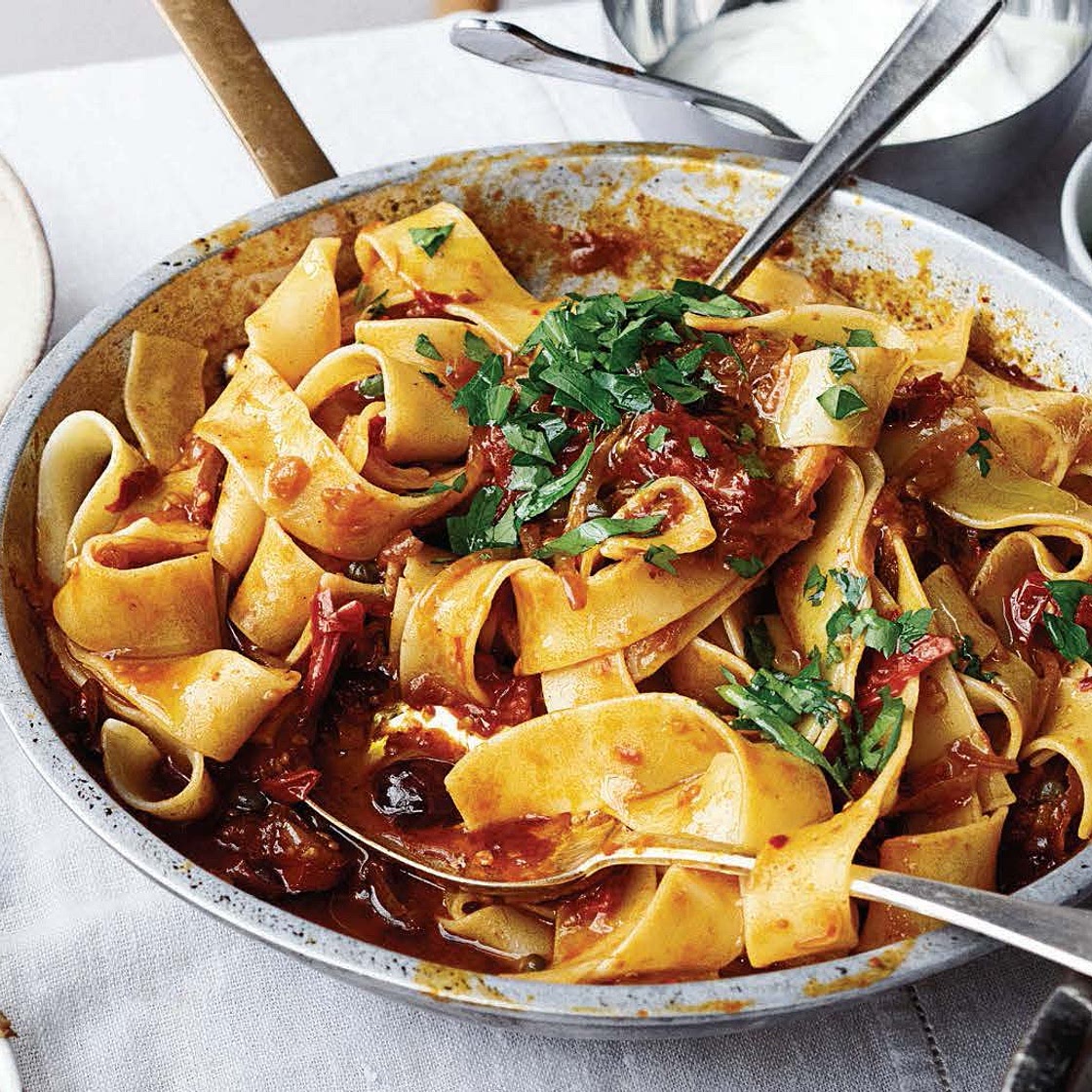 Pappardelle with Rose Harissa, Black Olives, and Capers