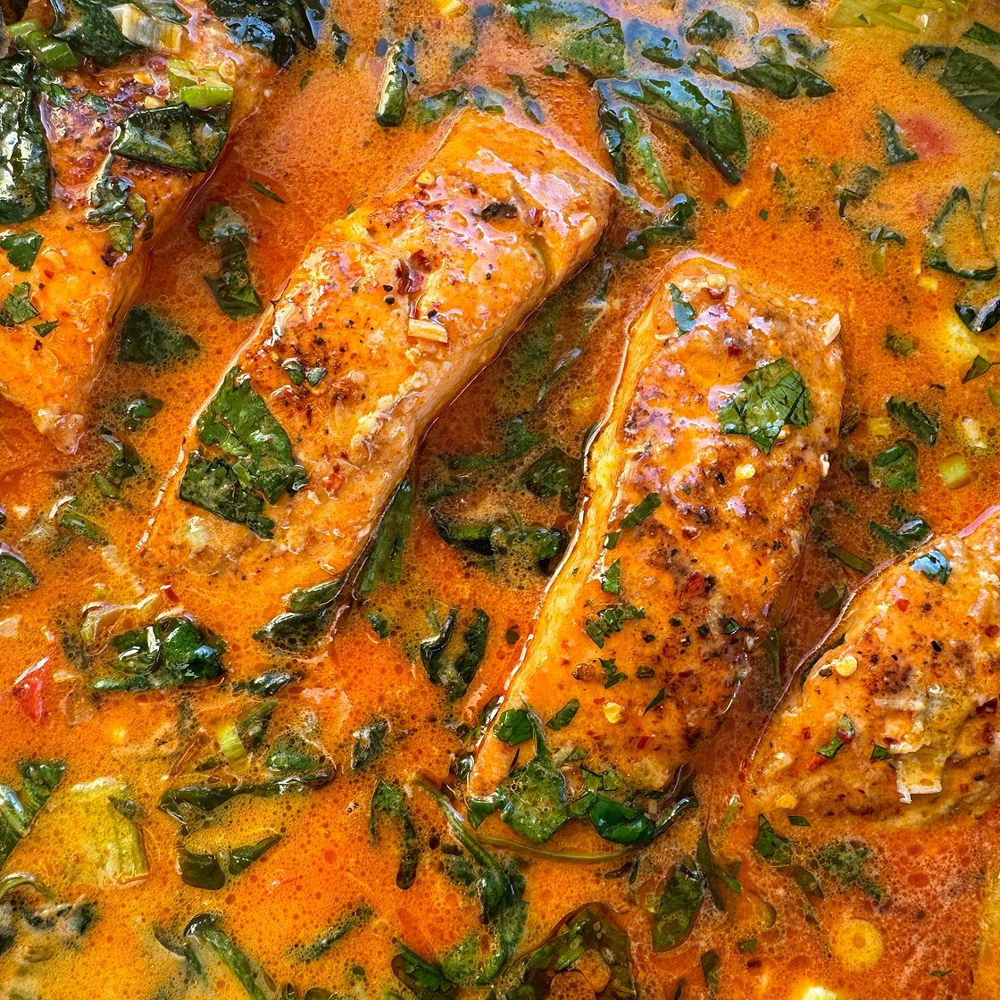 Salmon in Red Curry Coconut Sauce 
