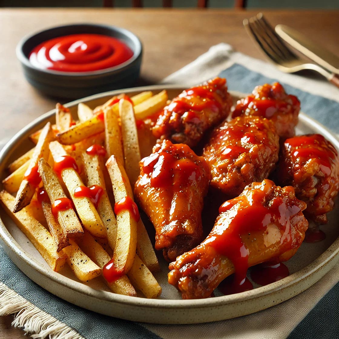 Spicy air fryer chicken wings and fries