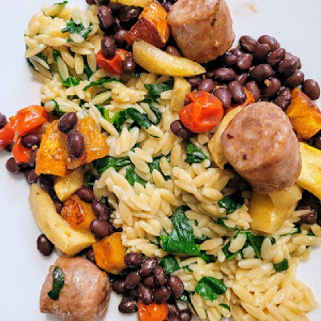 Squash, Black Bean, Orzo and Sausage