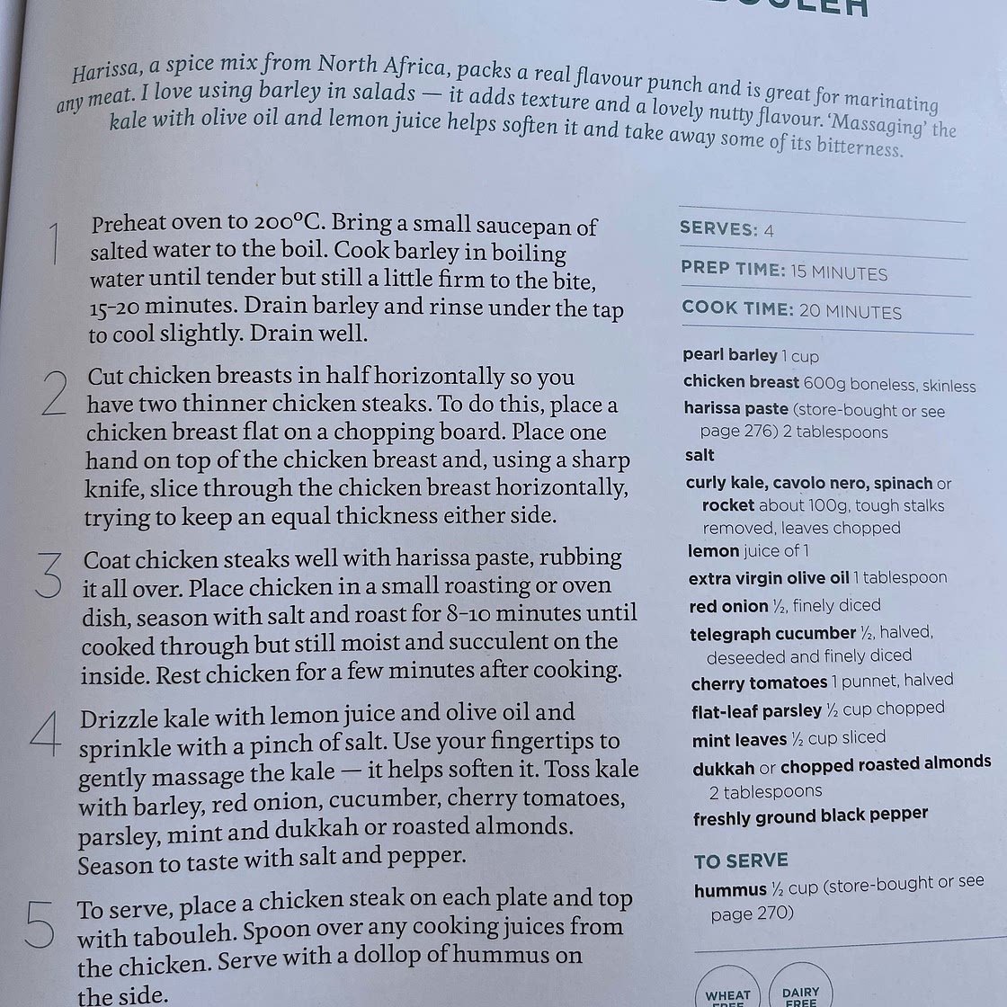 Harissa chicken steaks with kale + barley tabbouleh- 171