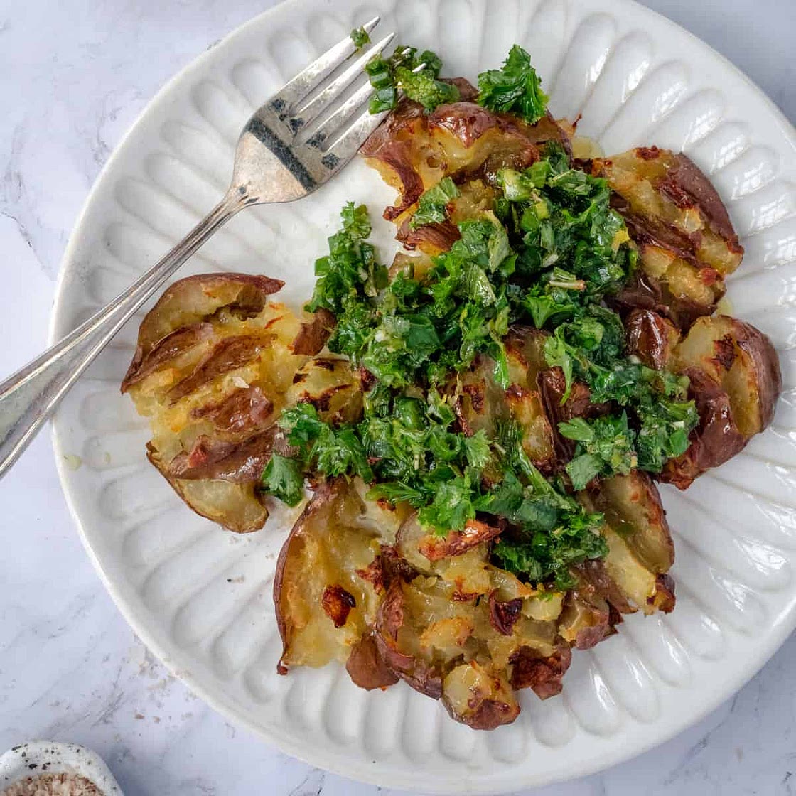 Crispy Smashed Potatoes with Garlic Herb Chimichurri