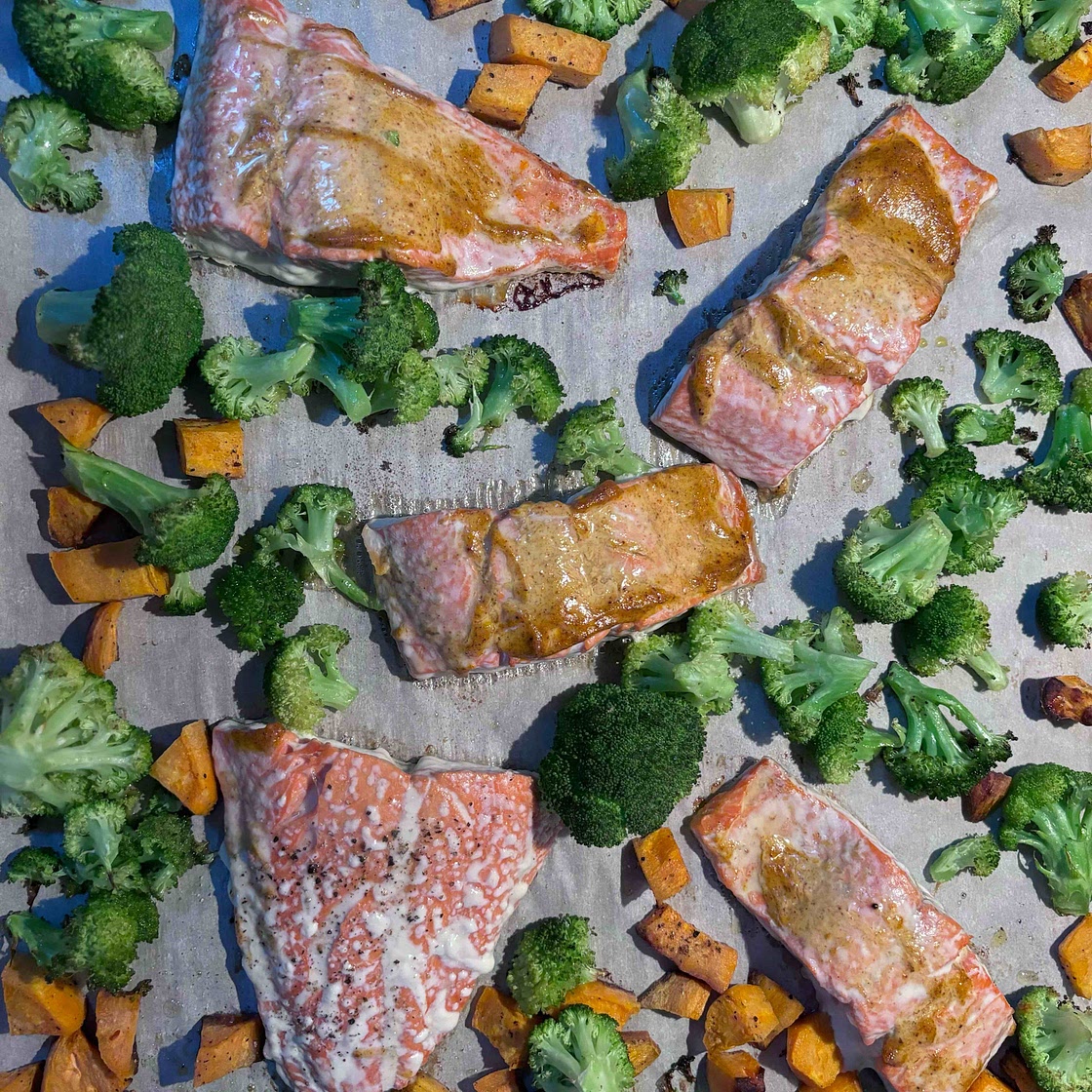 Sheet-Pan Salmon with Sweet Potatoes & Broccoli