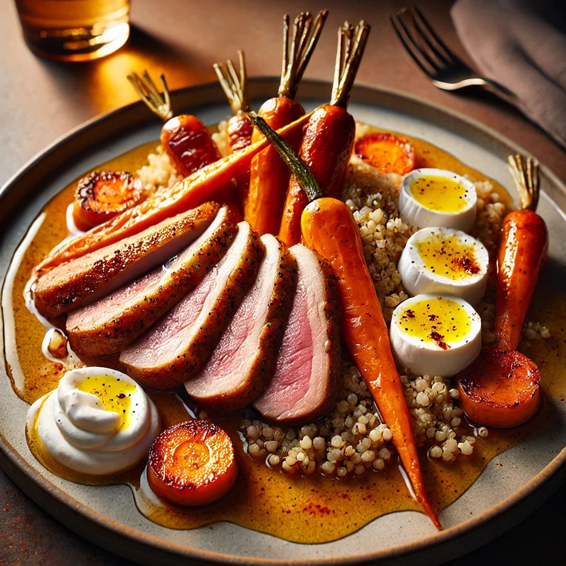 Magret de canard, burrata et quinoa à l'orange