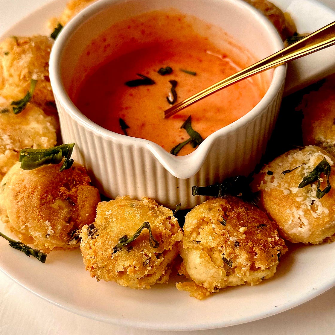 Crispy Tofu and Bean Balls with Vegan Bang Bang sauce 