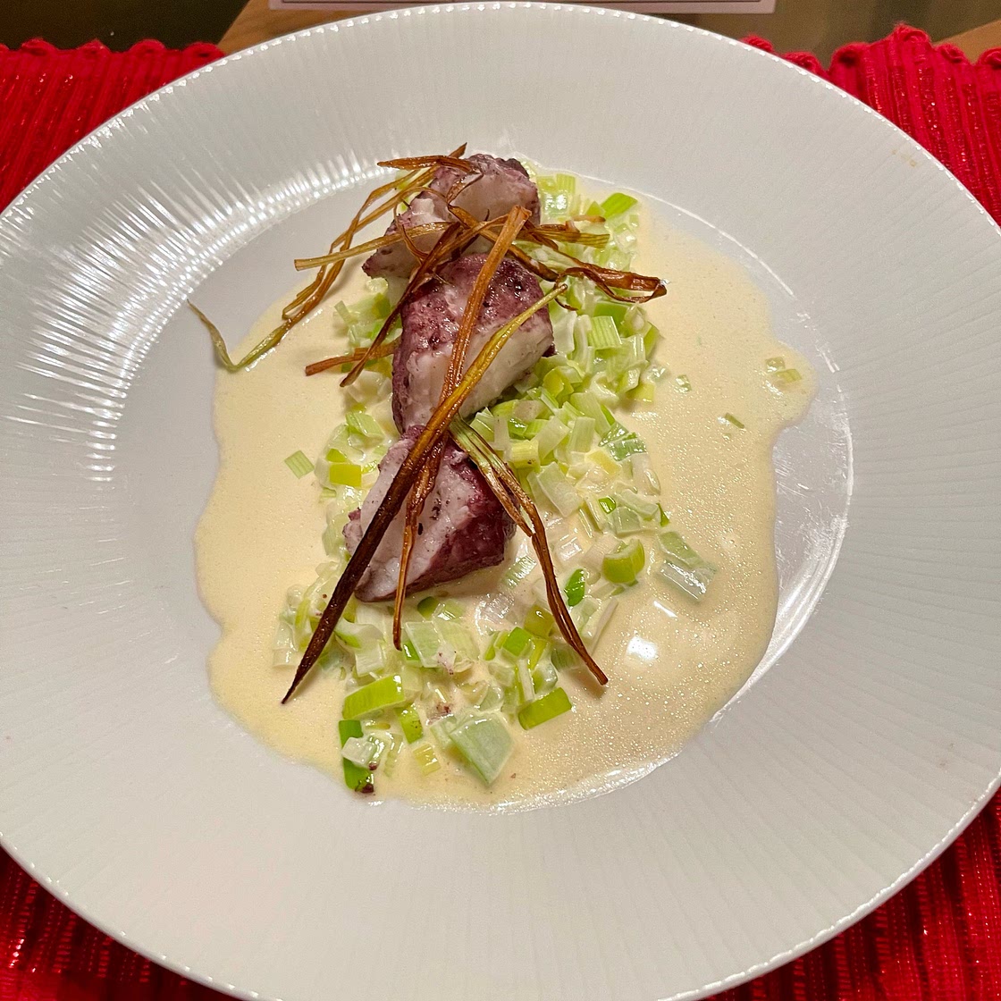 Poached monkfish with creamed leeks recipe