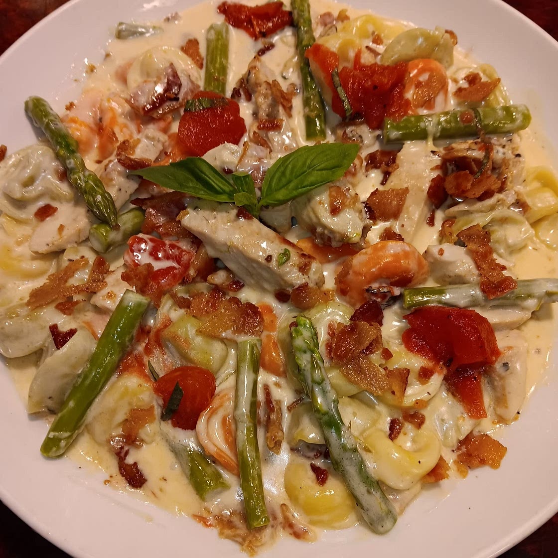 Creamy Chicken and Tortellini with Asparagus and Bacon (30-Minute Meal)