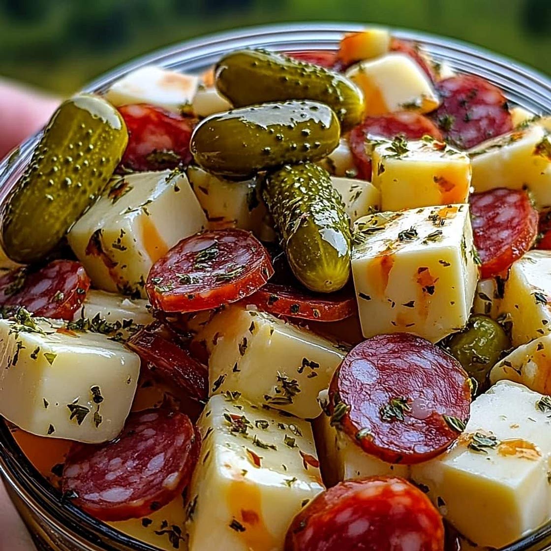 Easy Marinated Cheese Appetizer with Salami & Pickles