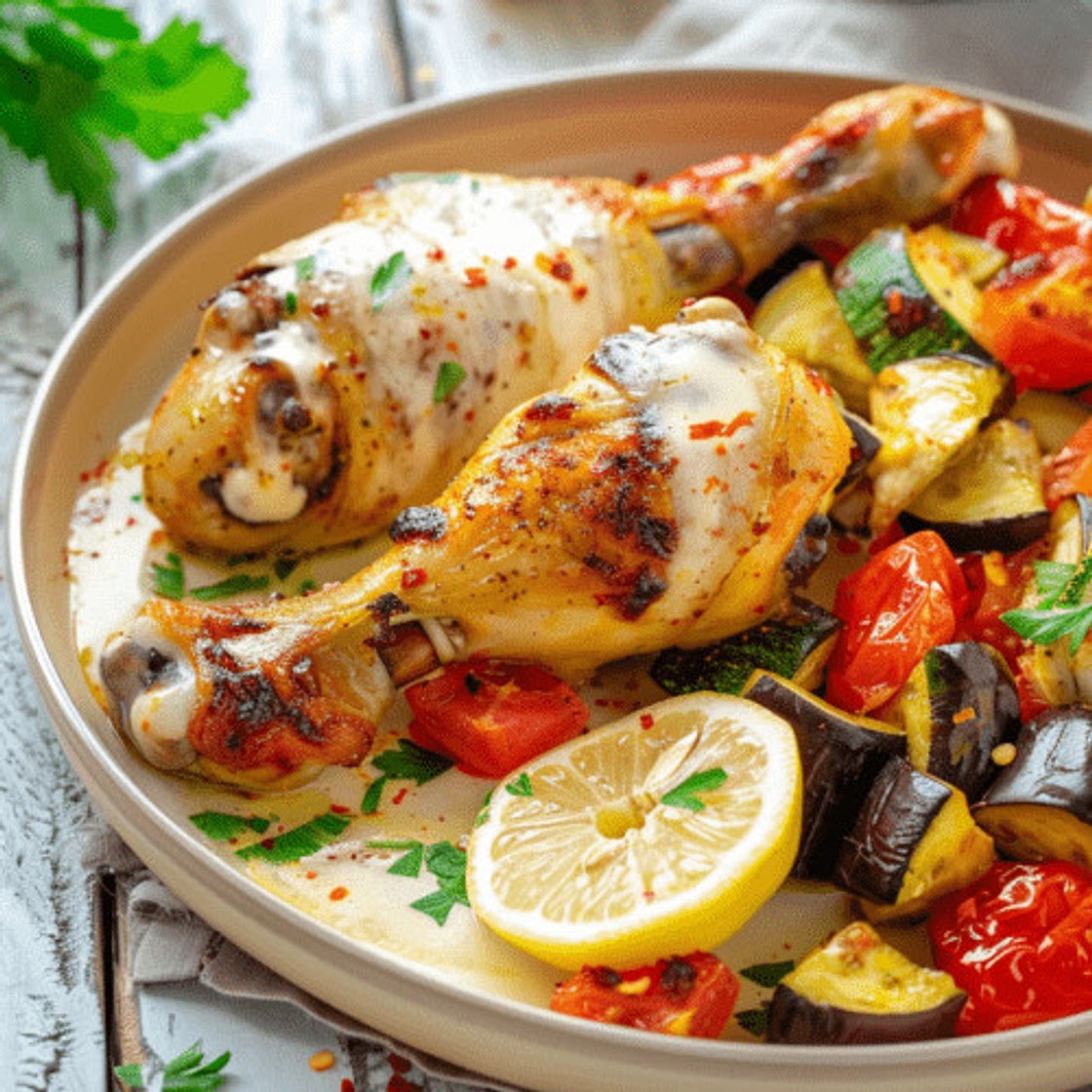 Patitas de Pollo al Horno Adobado con Limón y Pepperoncini, Ratatouile y Salsa Bagna Cauda