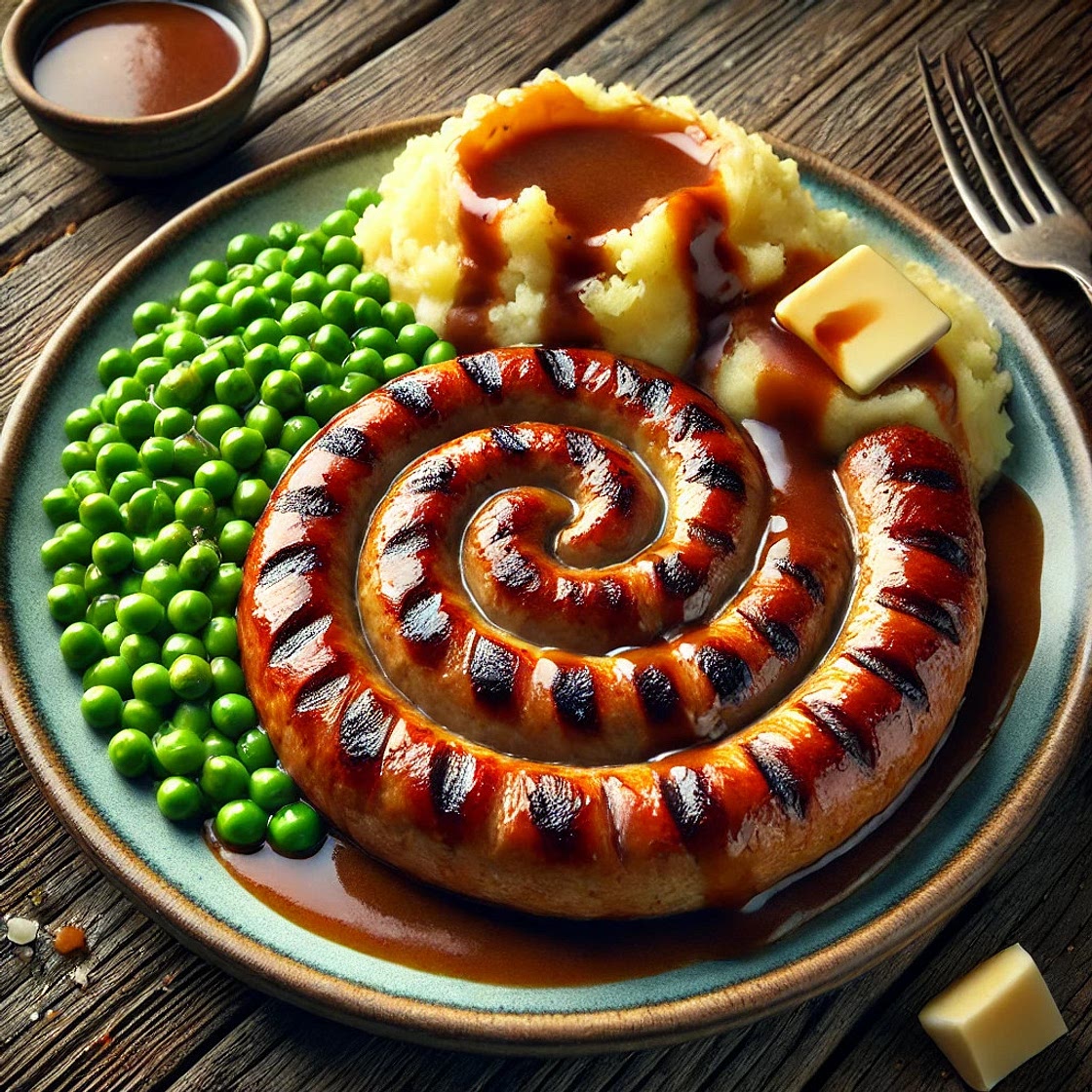 Boerewors and mash potatoes with peas and gravy